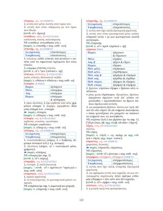 122
εὔορκος, -ος, -ον ΕΠΙΘΕΤΟ
1. αυτός που μένει πιστός στον όρκο του.
2. αυτός που είναι σύμφωνος με τον όρκο
που έδωσε.
[σύνθ. εὖ + ὅρκος].
εὐπάθεια, -είας, ἡ ΟΥΣΙΑΣΤΙΚΟ
απόλαυση, άνεση, καλοπέραση.
ΝΕ ευπάθεια «ευαισθησία κτλ.».
[παράγ. λ. εὐπαθής + παρ. επίθ. -εια].
εὐπετής, -ής, -ὲς ΕΠΙΘΕΤΟ
Συγκριτικός εὐπετέστερος
Υπερθετικός εὐπετέστατος
1. εύκολος: οὐδὲν εὐπετὲς τῶν μεγάλων = κα-
νένα από τα σημαντικά πράγματα δεν είναι
εύκολο.
2. επίρρημα εὐπετῶς εύκολα.
[σύνθ. λ. εὖ + *πετ- (πίπτω) + -ής].
εὔπλοια, εὐπλοίας, ἡ ΟΥΣΙΑΣΤΙΚΟ
καλό, εύκολο, θαλασσινό ταξίδι.
[παράγ. λ. εὔπλους < εὔπλο-ος + παρ. επίθ. -ια].
εὐπορέω -ῶ ΡΗΜΑ
Παρατ. ηὐπόρουν
Μέλλ. εὐπορήσω
Αόρ. εὐπόρησα
Παρακ. εὐπόρηκα
& ηὐπόρηκα
1. είμαι πλούσιος. 2. έχω αφθονία από κάτι: χρη-
μάτων εὐπορῶ. 3. παρέχω, προμηθεύω: δέκα
μνᾶς εὐπορῶ τινι. ≠ ἀπορῶ.
παράγ. εὐπορία.
[παράγ. λ. εὔπορος + παρ. επίθ. -έω].
εὐπορία, -ας, ἡ ΟΥΣΙΑΣΤΙΚΟ
αφθονία, ευκολία, ικανότητα.
ΝΕ ευπορία «αφθονία».
[παράγ. λ. εὔπορ-ος + παρ. επίθ. -ία].
εὔπορος, -ος, -ον ΕΠΙΘΕΤΟ
Συγκριτικός εὐπορώτερος
Υπερθετικός εὐπορώτατος
1. ευκολοδιάβατος (πόρος, ὁ = διάβαση, πέ-
ρασμα ποταμού κτλ.), λ.χ. ποταμός.
2. πλούσιος (πόροι, οἱ = οικονομικά μέσα,
χρήματα).
παράγ. εὐπόρως.
ΝΕ εύπορος (με σημ. 2).
[σύνθ. λ. εὖ + πόρος].
εὐπραξία, -ας, ἡ ΟΥΣΙΑΣΤΙΚΟ
1. ευτυχία. 2. καλή διαγωγή.
[παράγ. / σύνθ. εὖ + πράττω (< *πράγ-jω) +
παρ. επίθ. -σία].
εὐπρέπεια, -είας, ἡ ΟΥΣΙΑΣΤΙΚΟ
1. ωραία εμφάνιση.
2. το ευλογοφανές, το φαινομενικά μόνον ευ-
πρεπές.
ΝΕ ευπρέπεια (με σημ. 1, σωματική και ψυχική).
[παράγ. λ. εὐπρεπής + παρ. επίθ. -εια].
εὐπρεπής, -ής, -ὲς ΕΠΙΘΕΤΟ
Συγκριτικός εὐπρεπέστερος
Υπερθετικός εὐπρεπέστατος
1. αυτός που έχει καλή εξωτερική εμφάνιση.
2. αυτός που είναι φαινομενικά μόνο καλός:
εὐπρεπεῖ αἰτίᾳ = με μια φαινομενικά σωστή
κατηγορία.
ΝΕ ευπρεπής.
[σύνθ. λ. εὖ + πρέπ- (πρέπω) + -ής].
εὑρίσκω ΡΗΜΑ
Παρατ. ηὕρισκον
& εὕρισκον
Μέλλ. εὑρήσω
Αόρ. β´ ηὗρον & εὗρον
Παρακ. εὕρηκα
Μέσ. μέλλ. εὑρήσομαι
Παθ. μέλλ. εὑρεθήσομαι
Μέσ. αόρ. β΄ ηὑρόμην & εὑρόμην
Παθ. αόρ. ηὑρέθην & εὑρέθην
Παθ. παρακ. ηὕρημαι & εὕρημαι
Παθ. υπερσ. ηὑρήμην & εὑρήμην
1. βρίσκω: εὑρίσκω εὕρημα = βρίσκω κάτι α-
νέλπιστο.
• μέση φωνή εὑρίσκομαι εξευρίσκω, βρίσκω:
ἐπειρῶντο ὠφελίαν τινὰ ἀπ᾽ αὐτῶν εὑ-
ρίσκεσθαι = προσπαθούσαν να βρουν κά-
ποιο όφελος από αυτούς.
2. για εμπορεύματα βρίσκω, πιάνω μια τιμή: πό-
σον ἂν οἴει εὑρεῖν τὰ σὰ κτήματα πωλούμενα;
= πόσα φαντάζεσαι ότι μπορούν να πιάσουν
τα κτήματά σου, αν πουληθούν;
ΝΕ ευρίσκω (λόγ.) και βρίσκω (με τη σημ. 1).
[*ἐFρε-ίσκω, πβ. αρχ. σλαβ. ob-rĕtŭ = εὗρον].
εὖρος, -ους, τὸ ΟΥΣΙΑΣΤΙΚΟ
πλάτος.
ΝΕ εύρος.
[παράγ. λ. εὐρύς + -ος, ομόρρ. με αρχ. ινδ.
urú = εὐρύς, αρχ. περσ. vouru-].
εὔρωστος, -ος, -ον ΕΠΙΘΕΤΟ
ρωμαλέος, δυνατός.
παράγ. εὐρωστία, εὐρώστως.
ΝΕ εύρωστος.
[παράγ. / σύνθ. εὖ + ῥώννυμι + παρ. επίθ. -τος].
εὐσχήμων, εὐσχήμων, εὔσχημον ΕΠΙΘΕΤΟ
Συγκριτικός εὐσχημονέστερος
Υπερθετικός εὐσχημονέστατος
1. αυτός που έχει καλή, ευπρεπή, εξωτερική
εμφάνιση.
2. για πράγματα αυτός που αρμόζει σε μια συ-
γκεκριμένη περίπτωση: λέγει πρᾶγμα οὐδα-
μῶς εὔσχημον = λέει κάτι που δεν αρμόζει.
[σύνθ. λ. εὖ + σχῆμα + παρ. επίθ. -ων].
εὐτέλεια, -είας, ἡ ΟΥΣΙΑΣΤΙΚΟ
1. η φτηνή τιμή ενός εμπορεύματος.
 