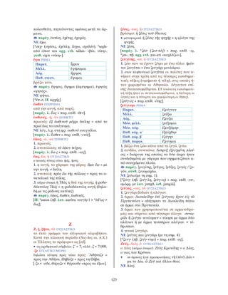 125
κολουθείτε, πηγαίνοντας αμέσως μετά τα άρ-
ματα.
παράγ. ἑκτέος, ἐχέτης, ἐχυρός.
ΝΕ έχω.
[*σεχ- (σχέσις, ἐχέτλη, ἴσχω, σχεδόν), *segh-
από όπου και αρχ. ινδ. sáhas- «βία, νίκη»,
γοτθ. sigis «νίκη»].
ἕψω ΡΗΜΑ
Παρατ. ἧψον
Μέλλ. ἑψήσομαι
Αόρ. ἥψησα
Παθ. ενεστ. ἕψομαι
βράζω κάτι.
παράγ. ἕψησις, ἕψημα (ἀφέψημα), ἑψητὸς
«ψητός».
ΝΕ ψήνω.
[*ἑπ-σ, ΙΕ αρχής]
ἕωθεν ΕΠΙΡΡΗΜΑ
από την αυγή, από νωρίς.
[παράγ. λ. ἕως + παρ. επίθ. -θεν].
ἑωθινός, -ή, -ὸν ΕΠΙΘΕΤΟ
πρωινός: ἐξ ἑωθινοῦ μέχρι δείλης = από το
πρωί έως το απόγευμα.
ΝΕ λόγ., λ.χ. στη φρ. εωθινό ευαγγέλιο.
[παράγ. λ. ἕωθεν + παρ. επίθ. -ινός].
ἑῷος, -α, -ον ΕΠΙΘΕΤΟ
1. πρωινός.
2. ανατολικός: τὸ ἑῷον τεῖχος.
[παράγ. λ. ἕω-ς + παρ. επίθ. -ιος].
ἕως, ἕω, ἡ ΟΥΣΙΑΣΤΙΚΟ
ο κοινός τύπος είναι ἠώς, ἠοῦς.
1. η αυγή, το χάραμα της μέρας: ἅμα ἕῳ = με
την αυγή. ≠ δείλη.
2. ανατολή: πρὸς ἕω τῆς πόλεως = προς τα α-
νατολικά της πόλης.
3. κύριο όνομα ἡ Ἠώς η θεά της αυγής: ἡ ροδο-
δάκτυλος Ἠώς = η ροδοδάκτυλη αυγή (δηλα-
δή με τις ρόδινες ακτίνες).
παράγ. ἑῷος, ἕωθεν, ἑωθινός.
[ΙΕ *ausos (πβ. λατ. aurōra «αυγή») > *ᾱFως >
ἕως].
Ζ
Ζ, ζ, ζῆτα, τὸ ΟΥΣΙΑΣΤΙΚΟ
το έκτο γράμμα του ελληνικού αλφαβήτου.
Κατά την κλασική περίοδο (5ος-4ος αι. π.Χ.)
οι Έλληνες το πρόφεραν ως [zd].
• ως αριθμητικό σύμβολο: ζ΄ = 7, αλλά ͵ζ = 7.000.
-ζε ΕΓΚΛΙΤΙΚΟ ΜΟΡΙΟ
δηλώνει κίνηση προς τόπο προς: ᾽Αθήναζε =
προς την Αθήνα. Θήβαζε = προς τη Θήβα.
[-ζε < -σδε, θύραζε < θύρασδε «προς τα έξω»].
ζέσις, -εως, ἡ ΟΥΣΙΑΣΤΙΚΟ
βράσιμο: ἡ ζέσις τοῡ ὕδατος.
• μεταφορικά ἡ ζέσις τῆς ψυχῆς = η φλόγα της
ψυχής.
ΝΕ ζέση.
[παράγ. λ. *ζέσ- (ζεσ-τός) + παρ. επίθ. -ις,
*jes-, πβ. αρχ. ινδ. yas-ati «κοχλάζω»].
ζευγίτης, -ου, ὁ ΟΥΣΙΑΣΤΙΚΟ
1. ζώο που το έχουν ζέψει με ένα άλλο: ἡμίο-
νοι ζευγῖται = ένα ζευγάρι μουλάρια.
2. στον πληθυντικό ζευγῖται οι πολίτες που α-
νήκαν στην τρίτη από τις τέσσερις εισοδημα-
τικές τάξεις (τιμήματα ή τέλη), στις οποίες ή-
ταν χωρισμένοι οι Αθηναίοι. Λέγονταν επί-
σης διακοσιομέδιμνοι. (H ανώτατη εισοδηματι-
κή τάξη ήταν οι πεντακοσιομέδιμνοι, η δεύτερη οι
ἱππεῖς και η τέταρτη και χαμηλότερη οι θῆτες).
[ζεῦγ-ος + παρ. επίθ. -ίτης].
ζεύγνυμι ΡΗΜΑ
Παρατ. ἐζεύγνυν
Μέλλ. ζεύξω
Αόρ. ἔζευξα
Μέσ. μέλλ. ζεύξομαι
Μέσ. αόρ. ἐζευξάμην
Παθ. αόρ. α΄ ἐξεύχθην
Παθ. αόρ. β΄ ἐζύγην
Παθ. παρακ. ἔζευγμαι
1. βάζω ένα ζώο κάτω από το ζυγό, ζεύω.
2. συνδέω, συνενώνω: διῶρυξ ἐζευγμένη πλοί-
οις = διώρυγα της οποίας τα δύο άκρα ήταν
συνδεδεμένα με γέφυρα που σχηματιζόταν α-
πό συνεχόμενα πλοία.
παράγ. ζευγίτης, ζεῦγος, ζεῦξις, ζυγός / ζυ-
γόν, σύνθ. ζυγομαχέω.
ΝΕ ζεύω (με τη σημ. 1).
[*ζευγ- (πβ. ζεύγ-λη, ζεῡγ-ος) + παρ. επίθ. -νυ-,
ομόρρ. με λατ. jungō, λιθ. jungiù].
ζεῦγος, -ους, τὸ ΟΥΣΙΑΣΤΙΚΟ
1. ζευγάρι βοδιών ή αλόγων.
2. άρμα: ∆ιοκλείδην ἐπὶ ζεύγους ἦγον εἰς τὸ
Πρυτανεῖον = οδήγησαν το ∆ιοκλείδη πάνω
σε άρμα στο Πρυτανείο.
3. άρμα που χρησιμοποιείται σε αρματοδρο-
μίες και σύρεται από τέσσερα άλογα: συνω-
ρίδι ἢ ζεύγει νενίκηκεν = νίκησε με άρμα δύο
αλόγων ή με άρμα τεσσάρων αλόγων. = τέ-
θριππον.
4. γενικά ζευγάρι.
ΝΕ ζεύγος και ζευγάρι (με τη σημ. 4).
[*ζευγ- (πβ. ζεύγ-νυμι) + παρ. επίθ. -ος].
Ζεύς, ∆ιός, ὁ ΟΥΣΙΑΣΤΙΚΟ
ο ∆ίας (κύριο όνομα): Ζεὺς Κρονίδης = ο ∆ίας,
ο γιος του Κρόνου.
• σε όρκους ή σε προσφωνήσεις νὴ (τὸν) ∆ία =
μα το ∆ία. ὦ Ζεῦ καὶ ἄλλοι θεοί.
ΝΕ ∆ίας.
 