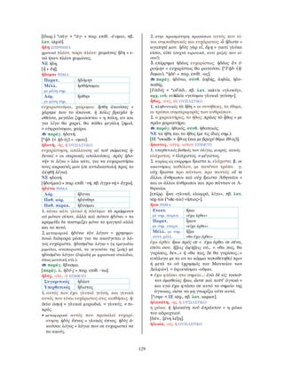 129
[(δωρ.) *σᾱγ- > *ἁγ- + παρ. επίθ. -έ-ομαι, πβ.
λατ. sāgiō].
ἤδη ΕΠΙΡΡΗΜΑ
χρονικό πλέον, τώρα πλέον: χειμῶνος ἤδη = ε-
νώ ήταν πλέον χειμώνας.
ΝΕ ήδη.
[ἦ + δή].
ἥδομαι ΡΗΜΑ
Παρατ. ἡδόμην
Μέλλ.
με μέση σημ.
ἡσθήσομαι
Αόρ.
με μέση σημ.
ἥσθην
ευχαριστούμαι, χαίρομαι: ἥσθη ἀκούσας =
χάρηκε που το άκουσε. ἡ πόλις βραχέα ἡ-
σθεῖσα, μεγάλα ζημιώσεται = η πόλη, αν και
για λίγο θα χαρεί, θα πάθει μεγάλη ζημιά.
= εὐφραίνομαι, χαίρω.
παράγ. ἡδονή.
[*ἥδ- (< ἡδ-ύς) + -ομαι].
ἡδονή, -ῆς, ἡ ΟΥΣΙΑΣΤΙΚΟ
ευχαρίστηση, απόλαυση: αἱ τοῦ σώματος ἡ-
δοναί = οι σαρκικές απολαύσεις. πρὸς ἡδο-
νήν τι λέγω = λέω κάτι, για να ευχαριστήσω
τους ακροατές μου (σε αντιδιαστολή προς το
ἀληθῆ λέγω).
ΝΕ ηδονή.
[ἥδο-(μαι) + παρ. επίθ. -νή, πβ. ἀγχο-νή < ἄγχω].
ἡδύνω ΡΗΜΑ
Αόρ. ἥδυνα
Παθ. αόρ. ἡδύνθην
Παθ. παρακ. ἥδυσμαι
1. κάνω κάτι γλυκό ή νόστιμο: τὸ κρόμμυον
οὐ μόνον σῖτον, ἀλλὰ καὶ πότον ἡδύνει = το
κρεμμύδι δε νοστιμίζει μόνο το φαγητό αλλά
και το ποτό.
2. μεταφορικά ἡδύνω τὸν λόγον = χρησιμο-
ποιώ διάφορα μέσα για να ακούγεται ο λό-
γος ευχάριστα. ἡδυσμένῳ λόγῳ = (η τραγωδία
μιμείται, αναπαριστά, τα γεγονότα της ζωής) με
ηδυσμένο λόγο» (δηλαδή με φραστικά στολίδια,
όπως μουσική κτλ.).
παράγ. ἥδυσμα.
[παράγ. λ. ἡδύ-ς + παρ. επίθ. -νω].
ἡδύς, -εῖα, -ὺ ΕΠΙΘΕΤΟ
Συγκριτικός ἡδίων
Υπερθετικός ἥδιστος
1. αυτός που έχει γλυκιά γεύση, και γενικά
αυτός που είναι ευχάριστος στις αισθήσεις: ἡ-
δεῖα ὀσμή = γλυκιά μυρωδιά. = γλυκύς. ≠ πι-
κρός.
• μεταφορικά αυτός που προκαλεί ευχαρί-
στηση: ἡδὺς ὕπνος = γλυκός ύπνος. ἡδὺς ἀ-
κοῦσαι λόγος = λόγια που σε ευχαριστεί να
τα ακούς.
2. στην προσφώνηση προσώπων αυτός που εί-
ναι συμπαθητικός και ευχάριστος: ὦ ἥδιστε =
αγαπητέ μου. ἡδὺς γὰρ εἶ, ἔφη = γιατί γλύκα
είσαι, είπε (συχνά ειρωνικά, αντί χαζός που εί-
σαι!).
3. επίρρημα ἡδέως ευχαρίστως: ἡδέως ἂν ἐ-
ροίμην = ευχαρίστως θα ρωτούσα. [*Fἡδ- (ἥ-
δομαι), *ἡδέ- + παρ. επίθ. -ως].
παράγ. ἡδύνω, σύνθ. ἀηδής, ἀηδία, ἡδυ-
παθής.
[Fᾱδύς < *σFᾱδ-, πβ. λατ. suāvis «γλυκύς»,
αρχ. ινδ. svādate «γεύομαι γλυκιά γεύση»].
ἦθος, -ους, τὸ ΟΥΣΙΑΣΤΙΚΟ
1. πληθυντικός τὰ ἤθη = οι συνήθειες, τα έθιμα,
οι τρόποι συμπεριφοράς των ανθρώπων.
2. ο χαρακτήρας, το ήθος: πρᾶος τὸ ἦθος = με
πράο χαρακτήρα.
παράγ. ἠθικός, σύνθ. ἠθοποιός.
ΝΕ τα ήθη και το ήθος (με τις ίδιες σημ.).
[ΙΕ *swedh- > ἦθ-ος (και με βραχύ θέμα ἔθ-ος)].
ἥκιστος, -ίστη, -ιστον ΕΠΙΘΕΤΟ
1. υπερθετικός βαθμός των ὀλίγος, μικρός, κακός.
ελάχιστος. = ἐλάχιστος. ≠ μέγιστος.
2. κυρίως ως επίρρημα ἥκιστα α. ελάχιστα. β. σε
απαντήσεις καθόλου, με κανέναν τρόπο. γ.
οὐχ ἥκιστα προ πάντων, προ παντός: οἵ τε
ἄλλοι ἄνθρωποι καὶ οὐχ ἥκιστα Ἀθηναῖοι =
και οι άλλοι άνθρωποι και προ πάντων οι Α-
θηναίοι.
[επίρρ. ἧκα «γλυκά, ελαφρά, λίγο», πβ. λατ.
sēg-nis (*sēc-nis) «ήπιος»].
ἥκω ΡΗΜΑ
Ενεστ.
με σημ. παρακ.
ἥκω
«έχω έρθει»
Παρατ.
με σημ. υπερσ.
ἧκον
«είχα έρθει»
Μέλλ. με σημ.
συντ. μέλλ.
ἥξω
«θα έχω έρθει»
έχω έρθει: ἥκω πρός σε = έχω έρθει σε σένα,
σπίτι σου. ἥξεις ἀφήξεις οὐ… = «θα πας, θα
γυρίσεις, δεν...» ή «θα πας, δε θα γυρίσεις...»
ανάλογα με το αν το κόμμα τοποθετηθεί πριν
ή μετά το οὐ (χρησμός του Μαντείου των
∆ελφών). = ἀφικνέομαι -οῦμαι.
• έχω φτάσει στο σημείο…: ἐγὼ δὲ εἰς τοσοῦ-
τον ἀμαθείας ἥκω, ὥστε καὶ τοῦτ’ ἀγνοῶ =
και εγώ έχω φτάσει σε αυτό το σημείο της
άγνοιας, ώστε να μη γνωρίζω ούτε αυτό.
[*σηκ- < ΙΕ sēq-, πβ. λατ. sequor].
ἠλακάτη, -ης, ἡ ΟΥΣΙΑΣΤΙΚΟ
η ρόκα: ἡ ἠλακάτη τοῦ ἀτράκτου = η ρόκα
του αδραχτιού.
[δάν., ξένη λέξη].
ἡλικία, -ας, ἡ ΟΥΣΙΑΣΤΙΚΟ
 