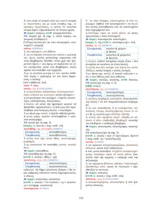 150
2. στον πληθ. οἱ καιροὶ αλλά και ενικό ὁ καιρὸς
οι περιστάσεις και με κακή συνήθως σημ., οι
κρίσιμες περιστάσεις, η κρίση: ἐν τοιούτῳ
καιρῷ ἐσμεν = βρισκόμαστε σε τέτοια κρίση.
παράγ. καίριος, σύνθ. καιροφυλακτέω.
ΝΕ καιρός (με τη σημ. 1, αλλά κυρίως «οι
καιρικές συνθήκες»).
[*κFαρ-j-ός (συγγεν. με κύω «κυοφορώ», συγ-
κυρία) > καιρός].
καίτοι ΕΠΙΡΡΗΜΑ
1. και πράγματι, και βέβαια.
2. για να δηλώσει ένσταση που εισάγει ο ομιλητής
και όμως: καίτοι μελλούσης στρατείας ἐπὶ
τοὺς βαρβάρους ἔσεσθαι τίνας χρὴ τὴν ἡγε-
μονίαν ἔχειν; = και όμως, αν πρόκειται να γί-
νει εκστρατεία κατά των βαρβάρων, ποιος
πρέπει να αναλάβει την αρχηγία;
3. με τη συνοδεία μετοχής αν και: καίτοι ἀσθε-
νῶν ταχύς = γρήγορος, αν και ήταν άρρω-
στος. = καίπερ.
[καί + βεβαιωτ. τοι].
καίω κάω.
κακία, -ας, ἡ ΟΥΣΙΑΣΤΙΚΟ
1. ανικανότητα, αδεξιότητα, ελαττωματικό-
τητα, ατέλεια (σε ποιότητα): κακία ἡνιόχων =
η ανικανότητα των ηνιόχων. = ἀρετὴ «ικανό-
τητα, επιδεξιότητα, τελειότητα».
2. δειλία: οὐ κατὰ τὴν ἡμετέραν κακίαν τὸ
ἡσσᾶσθαι προσεγένετο = η ήττα μας δεν προ-
κλήθηκε από δική μας δειλία. = ἀνανδρία.
3. με ηθική σημ. κακία. ≠ ἀρετὴ «ηθική αρετή».
4. κακή φήμη: κακίαν ἀντιλαμβάνω = απο-
κτώ κακή φήμη.
ΝΕ κακία (με τη σημ. 3).
[παράγ. λ. κακ-ός + παρ. επίθ. -ία].
κακοήθης, -ης, κακόηθες ΕΠΙΘΕΤΟ
Συγκριτικός κακοηθέστερος
Υπερθετικός κακοηθέστατος
1. αυτός που έχει κακό ήθος, κακεντρεχής,
μοχθηρός.
2. ως ουσιαστικό τὸ κακόηθες κακία, κακοή-
θεια.
παράγ. κακοήθεια.
ΝΕ κακοήθης (με τη σημ. 1).
[σύνθ. λ. κακός + ἦθος + -ης].
κακόνους, -ους, -ουν ΕΠΙΘΕΤΟ
Συγκριτικός κακονούστερος
Υπερθετικός κακονούστατος
εχθρικός: τῷ δήμῳ κακόνους ἔσομαι = θα εί-
μαι εχθρικός απέναντι στους δημοκρατικούς.
≠ εὔνους.
παράγ. κακονοέω, κακόνοια.
[σύνθ. λ. κακός + *νο- (νοέω) + -ος > κακόνο-
ος > συνηρημ. κακόνους].
κακοπραγέω -ῶ ΡΗΜΑ
1. τα πάω άσχημα, αποτυγχάνω σε ένα εγ-
χείρημα: ἀήθεια τοῦ κακοπραγεῖν = το να εί-
ναι κανείς ασυνήθιστος στο να αποτυγχάνει
στα εγχειρήματά του.
2. δυστυχώ, είμαι σε κακά χάλια: οἱ κακο-
πραγοῦντες = όσοι δυστυχούν.
παράγ. κακοπραγία «αποτυχία».
[παράγ. λ. της σύνθ. λ. κακοπραγ-ής + -έω].
κακός, -ή, -ὸν ΕΠΙΘΕΤΟ
Συγκριτικός κακίων & χείρων
& ἥσσων
Υπερθετικός κάκιστος & χείριστος
& ἥκιστος
1. δειλός: οὐδενὶ ἐπιτρέπω κακῷ εἶναι = δεν
επιτρέπω σε κανέναν να είναι δειλός.
2. αυτός που δεν κατέχει την τέχνη του καλά,
αδέξιος: κακὸς ἰατρός = κακός γιατρός.
3. με ηθική σημ. κακός: ὦ κακῶν κάκιστε = ε-
σύ, ο πιο άθλιος από τους αθλίους.
παράγ. κακίζω, κακότης, σύνθ. ἄκακος.
ΝΕ κακός (με τις σημ. 2, 3).
[αβέβ. ετυμ.].
κακοῦργος, -ος, -ον ΕΠΙΘΕΤΟ
Συγκριτικός κακουργότερος
Υπερθετικός κακουργότατος
1. φαύλος, μοχθηρός, απατηλός: κακουργότα-
τος λόγος = το πιο παραπλανητικό επιχείρη-
μα.
2. ως ουσ. κακοῦργος, ὁ α. εγκληματίας, κα-
κοποιός, ένοχος κακουργήματος (κατά το νό-
μο). β. ως τεχνικός όρος κλέπτης, ληστής.
3. αυτός που προξενεί κακό / βλάβη σε κά-
ποιον ή κάτι, επιβλαβής, βλαβερός: κακοῦρ-
γοι ἐπιθυμίαι = επιθυμίες βλαβερές.
παράγ. κακουργέω, κακούργημα, κακουρ-
γία.
ΝΕ κακούργος (με τη σημ. 2).
[σύνθ. λ. κακός + ἐργ- (< ἐργ-άζομαι, ἔργον)
+ παρ. επίθ. -ός, *κακοFεργός].
κακόω -ῶ ΡΗΜΑ
1. για πρόσωπα κακομεταχειρίζομαι, κακοποιώ,
κάποιον: κακῶ τοὺς Ἀθηναίους.
• παθ. φωνή κακοῦμαι τυγχάνω κακομεταχεί-
ρισης, υποφέρω, είμαι σε κακά χάλια: ἐκα-
κοῦτο ὑπὸ τῆς πορείας = υπέφερε από την
πεζοπορία.
2. για πράγματα βλάπτω, φθείρω, ταλαιπωρώ,
εξασθενίζω κάτι: κακῶ τὸ ναυτικόν = εξα-
σθενίζω το ναυτικό.
παράγ. κάκωσις.
[σύνθ. λ. κακός + παρ. επίθ. -όω].
κάκωσις, -εως, ἡ ΟΥΣΙΑΣΤΙΚΟ
1. κακομεταχείριση, κακοποίηση: ἡ τοῦ ἡγε-
μόνος κάκωσις.
 