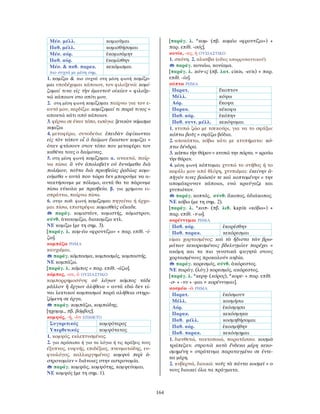 164
Μέσ. μέλλ. κομιοῦμαι
Παθ. μέλλ. κομισθήσομαι
Μέσ. αόρ. ἐκομισάμην
Παθ. αόρ. ἐκομίσθην
Μέσ. & παθ. παρακ.
πιο συχνά με μέση σημ.
κεκόμισμαι
1. κομίζω & πιο συχνά στη μέση φωνή κομίζο-
μαι υποδέχομαι κάποιον, τον φιλοξενώ: κομί-
ζομαί τινα εἰς τὴν ἐμαυτοῦ οἰκίαν = φιλοξε-
νώ κάποιον στο σπίτι μου.
2. στη μέση φωνή κομίζομαι παίρνω για τον ε-
αυτό μου, κερδίζω: κομίζομαί τι παρά τινος =
αποκτώ κάτι από κάποιον.
3. φέρνω σε έναν τόπο, εισάγω: ξενικὸν νόμισμα
κομίζω.
4. μεταφέρω, συνοδεύω: ἐπειδὰν ἀφίκωνται
εἰς τὸν τόπον οἷ ὁ δαίμων ἕκαστον κομίζει =
όταν φτάσουν στον τόπο που μεταφέρει τον
καθένα τους ο δαίμονας.
5. στη μέση φωνή κομίζομαι α. ανακτώ, παίρ-
νω πίσω: ἃ νῦν ἀπολαβεῖν οὐ δυνάμεθα διὰ
πολέμου, ταῦτα διὰ πρεσβείας ῥᾳδίως κομι-
ούμεθα = αυτά που τώρα δεν μπορούμε να α-
νακτήσουμε με πόλεμο, αυτά θα τα πάρουμε
πίσω εύκολα με πρεσβεία. β. για χρήματα ει-
σπράττω, παίρνω πίσω.
6. στην παθ. φωνή κομίζομαι πηγαίνω ή έρχο-
μαι πίσω, επιστρέφω: κομισθεὶς οἴκαδε.
παράγ. κομιστέον, κομιστής, κόμιστρον,
σύνθ. ἀνακομίζω, διακομίζω κτλ.
ΝΕ κομίζω (με τη σημ. 3).
[παράγ. λ. κομ-έω «φροντίζω» + παρ. επίθ. -ί-
ζω].
κομπάζω ΡΗΜΑ
καυχιέμαι.
παράγ. κόμπασμα, κομπασμός, κομπαστής.
ΝΕ κομπάζω.
[παράγ. λ. κόμπος + παρ. επίθ. -άζω].
κόμπος, -ου, ὁ ΟΥΣΙΑΣΤΙΚΟ
κομπορρημοσύνη: οὐ λόγων κόμπος τάδε
μᾶλλον ἢ ἔργων ἀλήθεια = αυτά εδώ δεν εί-
ναι λεκτικοί κομπασμοί παρά αλήθεια στηρι-
ζόμενη σε έργα.
παράγ. κομπάζω, κομπώδης.
[ηχομιμ., πβ. βόμβος].
κομψός, -ή, -ὸν ΕΠΙΘΕΤΟ
Συγκριτικός κομψότερος
Υπερθετικός κομψότατος
1. κομψός, εκλεπτυσμένος.
2. για πρόσωπα ή για τα λόγια ή τις πράξεις τους
έξυπνος, ευφυής, επιδέξιος, πνευματώδης, ευ-
φυολόγος, καλλιεργημένος: κομψοὶ περὶ ἀ-
στρονομίαν = διάνοιες στην αστρονομία.
παράγ. κομψῶς, κομψότης, κομψεύομαι.
ΝΕ κομψός (με τη σημ. 1).
[παράγ. λ. *κομ- (πβ. κομέω «φροντίζω») +
παρ. επίθ. -σός].
κονία, -ας, ἡ ΟΥΣΙΑΣΤΙΚΟ
1. σκόνη. 2. αλισίβα (είδος απορρυπαντικού).
παράγ. κονιάω, κονίαμα.
[παράγ. λ. κόν-ις (πβ. λατ. cinis, -eris) + παρ.
επίθ. -ία].
κόπτω ΡΗΜΑ
Παρατ. ἔκοπτον
Μέλλ. κόψω
Αόρ. ἔκοψα
Παρακ. κέκοφα
Παθ. αόρ. ἐκόπην
Παθ. συντ. μέλλ. κεκόψομαι
1. κτυπώ ζώο με τσεκούρι, για να το σφάξω:
κόπτω βοῦς = σφάζω βόδια.
2. αποκόπτω, κόβω κάτι με κτυπήματα: κό-
πτω δένδρα.
3. κόπτω τὴν θύραν = κτυπώ την πόρτα. = κρούω
τὴν θύραν.
4. μέση φωνή κόπτομαι χτυπώ το στήθος ή το
κεφάλι μου από θλίψη, χτυπιέμαι: ἐκείνην ἀ-
πῆγόν τινες βοῶσάν τε καὶ κοπτομένην = την
απομάκρυναν κάποιοι, ενώ κραύγαζε και
χτυπιόταν.
παράγ. κοπτός, σύνθ. ἄκοπος, ἀδιάκοπος.
ΝΕ κόβω (με τη σημ. 2).
[παράγ. λ. *κοπ- (πβ. λιθ. kapiù «κόβω») +
παρ. επίθ. -τ-ω].
κορέννυμαι ΡΗΜΑ
Παθ. αόρ. ἐκορέσθην
Παθ. παρακ. κεκόρεσμαι
είμαι χορτασμένος: καὶ τὰ ἥδιστα τῶν βρω-
μάτων κεκορεσμένοις βδελυγμίαν παρέχει =
ακόμη και τα πιο γευστικά φαγητά στους
χορτασμένους προκαλούν αηδία.
παράγ. κορεσμός, σύνθ. ἀκόρεστος.
ΝΕ παράγ. (λόγ.) κορεσμός, ακόρεστος.
[παράγ. λ. *κερη- (κόρος), *κορε- + παρ. επίθ.
-σ- + -νυ + -μαι > κορέννυμαι].
κοσμέω -ῶ ΡΗΜΑ
Παρατ. ἐκόσμουν
Μέλλ. κοσμήσω
Αόρ. ἐκόσμησα
Παρακ. κεκόσμηκα
Παθ. μέλλ. κοσμηθήσομαι
Παθ. αόρ. ἐκοσμήθην
Παθ. παρακ. κεκόσμημαι
1. διευθετώ, τακτοποιώ, παρατάσσω: κοσμῶ
τράπεζαν. στρατιὰ κατὰ ἕνδεκα μέρη κεκο-
σμημένη = στράτευμα παραταγμένο σε έντε-
κα μέρη.
2. κυβερνώ, διοικώ: νοῦς τὰ πάντα κοσμεῖ = ο
νους διοικεί όλα τα πράγματα.
 