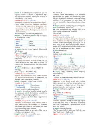 173
[σύνθ. λ. *ληϊτο-Fεργέω «εργάζομαι για το
δημόσιο καλό» < λήϊτον (= δημόσιον, δηλ.
που αφορά το δημόσιο συμφέρον) < λη-ός (=
λαός) + παρ. επίθ. -ιτος].
λειτουργία, -ας, ἡ ΟΥΣΙΑΣΤΙΚΟ
προσφορά υπηρεσίας για το καλό του λαού.
• στην Αθήνα υπηρεσία δημόσιας ωφέλειας
(όπως ήταν π.χ. η χορηγία, η τριηραρχία, η γυ-
μνασιαρχία), την οποία αναλάμβαναν και
χρηματοδοτούσαν, διαδοχικά, οι πλουσιό-
τεροι πολίτες
ΝΕ λειτουργία «κοινωφελής υπηρεσία».
[παράγ. λ. λειτουργός (σύνθ. *ληϊτο-Fεργός,
λειτουργέω) + -ία].
λείχω ΡΗΜΑ
Μέλλ. λείξω
Αόρ. ἔλειξα
Παθ. αόρ. ἐλείχθην
γλείφω.
παράγ. λειχήν, -ῆνος, λιχανός (δάκτυλος).
ΝΕ γλείφω.
[*λειχ-, ΙΕ αρχής].
λέξις, -εως, ἡ ΟΥΣΙΑΣΤΙΚΟ
1. λόγος: λέξις ἢ πρᾶξις = λόγος ή πράξη (ενός
ανθρώπου).
2. ο τρόπος έκφρασης, το ύφος: ξένως ἔχω τῆς
ἐνδάδε λέξεως = μου είναι ξένος ο τρόπος έκ-
φρασης που χρησιμοποιείται εδώ (δηλ. στα δι-
καστήρια).
παράγ. λεξ(ε)ίδιον, λεξικόν (βιβλίον).
ΝΕ λέξη.
[*λέγ- (λέγ-ω) + παρ. επίθ. -σις].
λεπτόγεως, -ως, -ων ΕΠΙΘΕΤΟ
περιοχή που καλύπτεται από λεπτό στρώμα
γης, που δεν είναι εύφορη: τὸ λεπτόγεων τῆς
Ἀττικῆς = η άγονη γη της Αττικής.
[σύνθ. λ. λεπτός + -γειος/-γεως < γαῖα].
λευκός, -ή, -ὸν ΕΠΙΘΕΤΟ
Συγκριτικός λευκότερος
Υπερθετικός λευκότατος
άσπρος, λευκός. ≠ μέλας «μαύρος».
παράγ. λευκαίνω, λευκάς, λεύκη, λευκόω
-ῶ, λεύκωμα, σύνθ. λεύκιππος, λευκώλενος
«αυτός που έχει άσπρα μπράτσα».
[*λευκ- «φέγγω», πβ. λατ. lūcus «ξέφωτο στο
δάσος», lux].
λεύκωμα, -ατος, τὸ ΟΥΣΙΑΣΤΙΚΟ
πινακίδα αλειμμένη με γύψο, επάνω στην ο-
ποία γράφονταν ανακοινώσεις: ἐς λεύκωμα
ἀναγράφω τὸν νόμον = αναγράφω το νόμο
στην πινακίδα ανακοινώσεων.
ΝΕ λεύκωμα «βιβλίο με χοντρά φύλλα για τη
φύλαξη φωτογραφιών κτλ.».
[παράγ. λ. λευκός + παρ. επίθ. -ωμα].
λέων, -οντος, ὁ ΟΥΣΙΑΣΤΙΚΟ
θηλ. λέαινα, ἡ
λιοντάρι: λέων ὀρεσίτροφος = το λιοντάρι
που βρίσκει την τροφή του στα βουνά. οἴκοι
λέοντες, ἐν μάχῃ δ’ ἀλώπεκες = στο σπίτι (πα-
ριστάνουν) τα λιοντάρια, στη μάχη όμως (γί-
νονται) αλεπούδες (δηλ. οι θρασύδειλοι άνθρω-
ποι).
παράγ. λέαινα, λεοντῆ «δέρμα λιονταριού»,
σύνθ. λεόπαρδος, χαμαιλέων.
ΝΕ λέων (με την ίδια σημ. στη φρ. ένας αλλά
λέων «πολύ δυνατός») & λιοντάρι.
[ξένη λέξη].
λεώς, -ώ, ὁ ΟΥΣΙΑΣΤΙΚΟ
ο κοινός τύπος είναι λαός, -οῦ, ὁ
συναθροισμένος κόσμος, όπως στο θέατρο ή
στην εκκλησία του δήμου: ἀκούετε, λεῴ = α-
κούστε, κόσμε! (o συνήθης τρόπος με τον ο-
ποίο άρχιζαν τις προκηρύξεις στην Αθήνα).
δριμὺς πρὸς τὸ ἕλκειν τὸν πολὺν λεών = ικα-
νός στο να παρασύρει τον πολύ κόσμο.
σύνθ. λεωφόρος.
ΝΕ λαός.
[λαFός, λᾱός, αβέβ. ετυμ.].
λήγω ΡΗΜΑ
Παρατ. ἔληγον
Μέλλ. λήξω
Αόρ. ἔληξα
Μέσ. ενεστ. λήγομαι
σταματώ, τελειώνω: λήγω τοῦ βίου = τελειώ-
νω τη ζωή μου, πεθαίνω. οὔ ποτε λήγει κινού-
μενον = ποτέ δε σταματά να κινείται.
παράγ. λῆξις, ληκτικός, σύνθ. ἄληκτος,
καταληκτικός.
ΝΕ λήγω.
[*(σ)λήγ-, λαγ-αρὸς «χαλαρός» + παρ. επίθ. -ω].
λήθη, -ης, ἡ ΟΥΣΙΑΣΤΙΚΟ
λησμονιά, το να ξεχνά κανείς κάτι: χρόνος
λήθην ἐμποιεῖ τῶν ἐκείνοις πεπραγμένων = ο
χρόνος φέρνει τη λησμονιά των όσων έχουν
πραγματοποιηθεί από εκείνους. ≠ μνήμη.
παράγ. λήθαργος, ληθαῖος.
ΝΕ λήθη.
[δωρ. λάθᾱ, λανθάνω].
λῄζομαι ΡΗΜΑ
Παρατ. ἐλῃζόμην
Αόρ. ἐλῃσάμην
λεηλατώ, ληστεύω: ἐκ τῆς οἰκείας γῆς ὁρμώ-
μενοι ἐλῄζοντο τοὺς ἐν τῇ νήσῳ = εξορμώ-
ντας από τη χώρα τους λήστευαν τους κατοί-
κους του νησιού.
παράγ. λῃστήρ, λῃστής.
[*λᾱF-ία > ιων. ληία (= λεία) και *λᾱF-ιδ > ιων.
ληίς, *ληίδ-jομαι > ληίζομαι].
λῆμμα, -ατος, τὸ ΟΥΣΙΑΣΤΙΚΟ
 