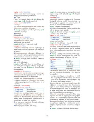 175
λιμός, -οῦ, ὁ ΟΥΣΙΑΣΤΙΚΟ
πείνα: λιμὸς ὁμοῦ καὶ λοιμός = πείνα και
συγχρόνως θανατηφόρα επιδημία.
ΝΕ λιμός.
[*λει-, *λι-, λοιμός, λιμός, πβ. λιθ. leīnas «λε-
πτός», αρχ. σλαβ. liběvŭ «ισχνός»].
λίνον, -ου, τὸ ΟΥΣΙΑΣΤΙΚΟ
1. λινάρι.
2. ό,τι είναι κατασκευασμένο από λινάρι (π.χ.
κλωστή, αλιευτικό δίχτυ ή ύφασμα).
παράγ. λινάριον, λινούδιον, λινεύω, σύνθ.
λινόδετος, ἐκλινίζω.
ΝΕ λινάρι.
[δάνεια λέξη].
λινοῦς, -ῆ, -οῦν ΕΠΙΘΕΤΟ
ο ασυναίρετος τύπος είναι λίνεος
καμωμένος από λινάρι, λινός.
ΝΕ λινός & ουσ. το λινό.
[παράγ. λ. λίν-ον + παρ. επίθ. -εος].
λιπαρέω -ῶ ΡΗΜΑ
1. επιμένω, ζητώ κάτι επίμονα: μὴ λιπάρει τῇ
πόσει = μην επιμένεις στο ποτό (μη συνεχίζεις
να πίνεις).
2. θερμοπαρακαλώ, εκλιπαρώ: γλίσχρος γε-
νοῦ λιπαρῶν = γίνε φορτικός παρακαλώντας
τον (παρακάλεσέ τον επίμονα, φορτικά).
παράγ. λιπαρής «που επιμένει», λίπτω «ε-
πιθυμώ».
ΝΕ σύνθ. εκλιπαρώ.
[παράγ. λ. *λιπαρός (που δε διασώθηκε υπό
την πίεση του ομόηχου λιπαρὸς «παχύς») +
παρ. επίθ. -έω, πβ. σλοβακικό lipieti «επιθυ-
μώ σφοδρά»].
λιπαρής, -ής, -ὲς ΕΠΙΘΕΤΟ
1. αυτός που ακούραστα και επίμονα ασχο-
λείται με κάτι: λιπαρής εἰμι περὶ αὐτοῦ = α-
σχολούμαι επίμονα με το θέμα αυτό.
2. αυτός που παρακαλεί με πολλή επιμονή.
• επίρρημα λιπαρῶς με ενδιαφέρον και υπομο-
νή: λιπαρῶς ἔχω ἀκούειν = θέλω πολύ να α-
κούσω.
[*λιπαρός, λιπαρέω].
λιπαρός, -ά, -ὸν ΕΠΙΘΕΤΟ
Συγκριτικός λιπαρώτερος
Υπερθετικός λιπαρώτατος
1. αυτός που γυαλίζει, λάμπει, γιατί είναι α-
λειμμένος με λάδι ή λίπος, όπως συνήθιζαν οι
αρχαίοι να περιποιούνται το σώμα τους: λι-
παρὸς χωρεῖ ἐκ βαλανείου = φεύγει από το
λουτρό και το κορμί του γυαλίζει.
2. για πράγματα λαμπερός: λιπαρὰ καλύπτρα
= λαμπερό κεφαλομάντιλο.
ΝΕ λιπαρός «άλουστος, άπλυτος».
[παράγ. λ. επίρρ. λίπα «με λίπος, πλουσιοπά-
ροχα» + παρ. επίθ. -ρός, πβ. αρχ. ινδ. limpáti
«αλείφω»].
λιτανεύω ΡΗΜΑ
παρακαλώ, ικετεύω: Λυσίμαχος ὁ ἵππαρχος
ἀπέσφαξε αὐτοὺς πολλὰ λιτανεύοντας = ο
Λυσίμαχος, ο αρχηγός του ιππικού, τους έ-
σφαξε, αν και τον ικέτευαν έντονα.
παράγ. λιτανεία «παράκληση».
ΝΕ λιτανεύω «περιφέρω εικόνα, οστά αγίου
κτλ. σε θρησκευτική τελετή».
[παράγ. λ. λιτανός «ικέτης» (< παράγ. λ. λιτή
+ -ανός) + παρ. επίθ. -εύω].
λίχνος, -η, -ον ΕΠΙΘΕΤΟ
Συγκριτικός λιχνότερος
Υπερθετικός λιχνότατος
λαίμαργος, λιχούδης.
[παράγ. λ. *λίχ- (λείχω) + παρ. επίθ. -νος].
λογάς, -άδος, ὁ & ἡ ΕΠΙΘΕΤΟ
επίλεκτος, διαλεχτός: ἐτάξαντο Ἀργείων χίλι-
οι λογάδες = παρατάχτηκαν για να πολεμή-
σουν χίλιοι επίλεκτοι στρατιώτες από τους
Αργείους.
παράγ. λογάδην «επιλεκτικά, με επιλογή».
[παράγ. λ. λέγ-ω «διαλέγω» + παρ. επίθ. -άς,
για την ετεροίωση ε-ο πβ. λόγ-ος < λέγ-ω].
λογίζομαι ΡΗΜΑ
Παρατ. ἐλογιζόμην
Μέλλ. λογιοῦμαι
Αόρ. ἐλογισάμην
Παρακ. λελόγισμαι
Παθ. αόρ. ἐλογίσθην
1. λογαριάζω, υπολογίζω με αριθμητικές πρά-
ξεις: οὐκ ἐπίσταται λογίζεσθαι = δεν ξέρει να
λογαριάζει.
• παθ. φωνή λογίζομαι υπολογίζομαι: οἱ ὁπλῖ-
ται ἐλογίσθησαν οὐκ ἐλάττους τῶν δισμυ-
ρίων = οι στρατιώτες υπολογίστηκαν όχι
λιγότεροι από είκοσι χιλιάδες.
2. υπολογίζω μια κατάσταση, σκέπτομαι: λο-
γιζόμενοι καταμανθάνομεν ὅπῃ ἕκαστα συμ-
φέρει = αφού λογαριάσουμε τα πράγματα,
καταλαβαίνουμε ποιο είναι το συμφέρον μας
σε κάθε περίπτωση. τὰ ξυμφέροντα λογίζο-
μαι = λογαριάζω το συμφέρον μου.
3. θεωρώ, λογαριάζω ότι...: Λύσανδρος λογι-
σάμενος ὅτι οἷόν τε εἴη ταχὺ ἐκπολιορκῆσαι
αὐτούς... = ο Λύσανδρος λογαριάζοντας ότι
ήταν δυνατό γρήγορα να τους πολιορκήσει...
4. συμπεραίνω: ἐκ τούτων τῶν λόγων τοιόνδε
τι λογίζομαι συμβαίνειν = από αυτές τις συ-
ζητήσεις συμπεραίνω ότι κάτι τέτοιο συμβαί-
νει.
παράγ. λογισμός, λογιστής, λογιστήριον.
 