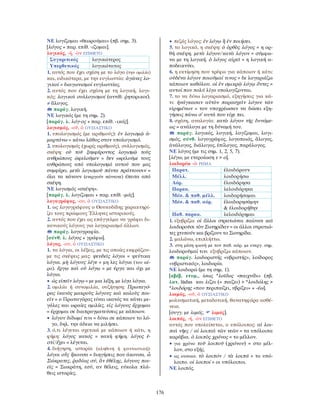 176
ΝΕ λογίζομαι «θεωρούμαι» (πβ. σημ. 3).
[λόγος + παρ. επίθ. -ίζομαι].
λογικός, -ή, -ὸν ΕΠΙΘΕΤΟ
Συγκριτικός λογικώτερος
Υπερθετικός λογικώτατος
1. αυτός που έχει σχέση με το λόγο (την ομιλία)
και, ειδικότερα, με την ευγλωττία: ἀγῶνες λο-
γικοί = διαγωνισμοί ευγλωττίας.
2. αυτός που έχει σχέση με τη λογική, λογι-
κός: λογικοὶ συλλογισμοί (αντίθ. ῥητορικοί).
≠ ἄλογος.
παράγ. λογική.
ΝΕ λογικός (με τη σημ. 2).
[παράγ. λ. λόγ-ος + παρ. επίθ. -ικός].
λογισμός, -οῦ, ὁ ΟΥΣΙΑΣΤΙΚΟ
1. υπολογισμός (με αριθμούς): ἐν λογισμῷ ἁ-
μαρτάνω = κάνω λάθος στον υπολογισμό.
2. υπολογισμός (χωρίς αριθμούς), συλλογισμός,
σκέψη: οὐ τοῦ ξυμφέροντος λογισμῷ τοὺς
ανθρώπους ὠφελοῦμεν = δεν ωφελούμε τους
ανθρώπους από υπολογισμό αυτού που μας
συμφέρει. μετὰ λογισμοῦ πάντα πράττουσιν =
όλα τα κάνουν (ενεργούν πάντοτε) έπειτα από
σκέψη.
ΝΕ λογισμός «σκέψη».
[παράγ. λ. λογίζομαι + παρ. επίθ. -μός].
λογογράφος, -ου, ὁ ΟΥΣΙΑΣΤΙΚΟ
1. ως λογογράφους ο Θουκυδίδης χαρακτηρί-
ζει τους πρώιμους Έλληνες ιστορικούς.
2. αυτός που έχει ως επάγγελμα να γράφει δι-
κανικούς λόγους για λογαριασμό άλλων.
παράγ. λογογραφία.
[σύνθ. λ. λόγος + γράφω].
λόγος, -ου, ὁ ΟΥΣΙΑΣΤΙΚΟ
1. τα λόγια, οι λέξεις, με τις οποίες εκφράζου-
με τις σκέψεις μας: ψευδεῖς λόγοι = ψεύτικα
λόγια. μὴ λόγους λέγε = μη λες λόγια (του αέ-
ρα). ἔργῳ καὶ οὐ λόγῳ = με έργα και όχι με
λόγια.
• ὡς εἰπεῖν λόγῳ = με μια λέξη, με λίγα λόγια.
2. ομιλία ή συνομιλία, συζήτηση: Πρωταγό-
ρας ἱκανὸς μακροὺς λόγους καὶ καλοὺς ποι-
εῖν = ο Πρωταγόρας είναι ικανός να κάνει με-
γάλες και ωραίες ομιλίες. εἰς λόγους ἔρχομαι
= έρχομαι σε διαπραγματεύσεις με κάποιον.
• λόγον δίδωμί τινι = δίνω σε κάποιον το λό-
γο, δηλ. την άδεια να μιλήσει.
3. ό,τι λέγεται σχετικά με κάποιον ή κάτι, η
φήμη: λόγος κακός = κακή φήμη. λόγος ἐ-
στί/ἔχει = λέγεται.
4. διήγηση, ιστορία (αληθινή ή φανταστική):
λόγοι οὓς ἤκουσα = διηγήσεις που άκουσα. ὦ
Σώκρατες, ῥᾳδίως σύ, ἂν ἐθέλῃς, λόγους ποι-
εῖς = Σωκράτη, εσύ, αν θέλεις, εύκολα πλά-
θεις ιστορίες.
• πεζός λόγος: ἐν λόγῳ ἢ ἐν ποιήσει.
5. το λογικό, η σκέψη: ὁ ὀρθὸς λόγος = η ορ-
θή σκέψη. μετὰ λόγου/κατὰ λόγον = σύμφω-
να με τη λογική. ὁ λόγος αἱρεῖ = η λογική α-
ποδεικνύει.
6. η εκτίμηση που τρέφω για κάποιον ή κάτι:
οὐδένα λόγον ποιοῦμαί τινος = δε λογαριάζω
κάποιον καθόλου. οἱ ἐν σμικρῷ λόγῳ ὄντες =
αυτοί που πολύ λίγο υπολογίζονται.
7. το να δίνω λογαριασμό, εξηγήσεις για κά-
τι: ἠνάγκασαν αὐτὸν παρασχεῖν λόγον τῶν
εἰρημένων = τον υποχρέωσαν να δώσει εξη-
γήσεις πάνω σ’ αυτά που είχε πει.
8. σχέση, αναλογία: κατὰ λόγον τῆς δυνάμε-
ως = ανάλογα με τη δύναμή του.
παράγ. λογικός, λογική, λογίζομαι, λογι-
σμός, σύνθ. λογογράφος, λογοποιός, ἄλογος,
ἀνάλογος, διάλογος, ἐπίλογος, παράλογος.
ΝΕ λόγος (με τις σημ. 1, 2, 5, 7).
[λέγω, με ετεροίωση ε > ο].
λοιδορέω -ῶ ΡΗΜΑ
Παρατ. ἐλοιδόρουν
Μέλλ. λοιδορήσω
Αόρ. ἐλοιδόρησα
Παρακ. λελοιδόρηκα
Μέσ. & παθ. μέλλ. λοιδορήσομαι
Μέσ. & παθ. αόρ. ἐλοιδορησάμην
& ἐλοιδορήθην
Παθ. παρακ. λελοιδόρημαι
1. εξυβρίζω: οἱ ἄλλοι στρατιῶται παίουσι καὶ
λοιδοροῦσι τὸν Σωτηρίδαν = οι άλλοι στρατιώ-
τες χτυπούν και βρίζουν το Σωτηρίδα.
2. μαλώνω, επιπλήττω.
3. στη μέση φωνή με τον παθ. αόρ. με ενεργ. σημ.
λοιδοροῦμαί τινι εξυβρίζω κάποιον.
παράγ. λοιδοριστής «υβριστής», λοίδορος
«υβριστικός», λοιδορία.
ΝΕ λοιδορώ (με τη σημ. 1).
[αβέβ. ετυμ., ίσως *λοῖδος «παιχνίδι» (πβ.
λατ. lūdus και λίζει (= παίζει) > *λοιδόλης >
*λοιδόρης «που περιπαίζει, υβρίζει» + -έω].
λοιμός, -οῦ, ὁ ΟΥΣΙΑΣΤΙΚΟ
μολυσματική, μεταδοτική, θανατηφόρα ασθέ-
νεια.
[συγγ. με λιμός, λιμός].
λοιπός, -ή, -ὸν ΕΠΙΘΕΤΟ
αυτός που υπολείπεται, ο υπόλοιπος: αἱ λοι-
παὶ νῆες / αἱ λοιπαὶ τῶν νεῶν = τα υπόλοιπα
καράβια. ὁ λοιπὸς χρόνος = το μέλλον.
• για χρόνο τοῦ λοιποῦ (χρόνου) = στο μέλ-
λον, στο εξής.
• ως ουσιασ. τὸ λοιπόν / τὰ λοιπά = το υπό-
λοιπο. οἱ λοιποί = οι υπόλοιποι.
ΝΕ λοιπός.
 