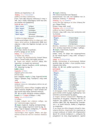 177
[λείπω, με ετεροίωση ε > ο].
Λοξίας, -ου, ὁ ΟΥΣΙΑΣΤΙΚΟ
επίθετο του θεού Απόλλωνα.
[*λεκ, *λοκ- (πβ. λέχ-ριος «πλάγιος») + παρ. ε-
πίθ. -σός > λοξὸς «αμφίσημος» (από την ασα-
φή γλώσσα των χρησμών)].
λούω & λόω ΡΗΜΑ
Μέσ. ενεστ. λοῦμαι
Μέσ. παρατ. ἐλούμην
Μέσ. μέλλ. λούσομαι
Μέσ. αόρ. ἐλουσάμην
Παθ. παρακ. λέλουμαι
& μεταγεν. λέλουσμαι
1. πλένω το σώμα κάποιου.
2. μέση φωνή λοῦμαι πλένω το σώμα μου, πλέ-
νομαι, κάνω μπάνιο: ἐς βαλανεῖον ἦλθε λου-
σόμενος = πήγε στα δημόσια λουτρά, για να
πλυθεί.
παράγ. λουτρόν.
ΝΕ λούζω «πλένω τα μαλλιά».
[*λόFω, ομόρρ. με λατ. lavō].
λόφος, -ου, ὁ ΟΥΣΙΑΣΤΙΚΟ
1. ύψωμα γης, λόφος.
2. α. λοφίο της περικεφαλαίας: λευκοὶ ἵππιοι
λόφοι = λευκά λοφία από τρίχες αλόγων.
β. λοφίο στο κεφάλι πουλιού: λόφος ἀλε-
κτρυόνος = το λοφίο του πετεινού.
παράγ. λόφιον, λοφίδιον, σύνθ. γεώλοφος.
ΝΕ λόφος (με τη σημ. 1).
[αβέβ. ετυμ.].
λοχαγέω -ῶ ΡΗΜΑ
εύχρηστο μόνον στον ενεστ.
διοικώ λόχο.
[ιων. λοχηγέω, παράγ. λ. δωρ. λοχαγός (σύνθ.
λόχος + ἡγέομαι, δωρ. *ἁγέομαι) + παρ. επίθ.
-έω].
λοχάω -ῶ ΡΗΜΑ
ποιητικό, στους αττ. πεζογράφους σπάνιο και μό-
νο στον ενεστ.
παραμονεύω, στήνω ενέδρα: λοχήσας πρὸς τῇ
πόλει πολλοὺς διέφθειρε = αφού έστησε ενέ-
δρα κοντά στην πόλη, σκότωσε πολλούς.
ΝΕ πβ. το σύνθ. ελλοχεύω «στήνω ενέδρα».
[παράγ. λ. λόχος «ενέδρα» + -άω].
λόχος, -ου, ὁ ΟΥΣΙΑΣΤΙΚΟ
1. ενέδρα.
2. σώμα ανδρών που στήνουν ενέδρα, και
κατ’ επέκταση τμήμα στρατού.
παράγ. λοχάω-ῶ, λοχίτης «συστρατιώτης».
ΝΕ λόχος «τμήμα στρατού» (από τη σημ. 2).
[*λεχ-, *λοχ- (< λέχομαι «ενεδρεύω», λέχος)].
Λύκειον, -είου, τὸ ΟΥΣΙΑΣΤΙΚΟ
γυμναστήριο στην αρχαία Αθήνα, που βρι-
σκόταν κοντά στο ναό του Λυκείου Απόλλω-
να.
παράγ. λύκειος.
ΝΕ λύκειο (εκπαιδευτικό ίδρυμα).
[ουσιαστικοπ. του ουδ. του επιθέτου του Α-
πόλλωνα Λύκειος, Λύκειος].
λύκειος, -ος, -ον ΕΠΙΘΕΤΟ
αυτός που έχει σχέση με το λύκο: λύκειος δο-
ρά = δέρμα λύκου.
[λύκος + παρ. επίθ. -ειος].
Λύκειος, -είου, ὁ ΟΥΣΙΑΣΤΙΚΟ
επίθετο του θεού Απόλλωνα.
[Λυκία + παρ. επίθ. -ειος, που κατάγεται από
τη Λυκία].
λυμαίνομαι ΡΗΜΑ
Παρατ. ἐλυμαινόμην
Μέλλ. λυμανοῦμαι
Αόρ. ἐλυμηνάμην
Παρακ. λελύμασμαι
βλάπτω, κακοποιώ κάποιον ή καταστρέφω
κάτι: ἡ νόσος λυμαίνεται τὸ σῶμα. = φθείρω.
παράγ. λυμαντικός, λυμεών.
ΝΕ λυμαίνομαι.
[λῦμα, -ατος, τὸ «λέρα που απομακρύνεται
με την πίεση νερού» + παρ. επίθ. -αίνομαι <
*-άνjομαι].
λύμη, -ης, ἡ ΟΥΣΙΑΣΤΙΚΟ
βλάβη, κακοποίηση ή καταστροφή: ἐγένετο
μεγάλη λύμη τῇ πόλει = έγινε μεγάλη κατα-
στροφή στην πόλη.
[λῦμα, τό, πβ. λατ. polluō «ρυπαίνω», λυ-
μαίνομαι].
λυπέω -ῶ ΡΗΜΑ
Παρατ. ἐλύπουν
Μέλλ. λυπήσω
Αόρ. ἐλύπησα
Παρακ. λελύπηκα
Παθ. ενεστ. λυποῦμαι
Παθ. παρατ. ἐλυπούμην
Παθ. μέλλ. λυπηθήσομαι
Παθ. αόρ. ἐλυπήθην
Παθ. παρακ. λελύπημαι
1. στενοχωρώ, λυπώ, δυσαρεστώ, ενοχλώ (ψυ-
χικά): ἐλύπει αὐτὸν ἡ χώρα πορθουμένη = τον
λυπούσε η καταστροφή της χώρας.
2. ενοχλώ κάποιον (σωματικά): θώρακες μὴ
λυποῦντες ἐν τῇ χρείᾳ = θώρακες που δεν ε-
νοχλούν στη χρήση (όταν τους φορούν). τὸ
παιδίον ἐβόα ὑπὸ τῆς θεραπαίνης λυπούμε-
νον = το παιδί έκλαιγε, καθώς η υπηρέτρια
το ενοχλούσε.
3. για ιππικό και άλλα ελαφρώς οπλισμένα στρα-
τεύματα βλάπτω, παρενοχλώ (το στράτευμα με
συνεχείς επιθέσεις): οἱ ἱππεῖς τῶν Συρακοσίων
ἥκιστ’ ἂν αὐτοὺς λυπήσειαν = ...ελάχιστα θα
μπορέσουν να τους παρενοχλήσουν. λῃσταὶ
 