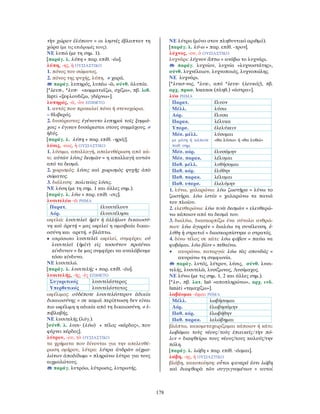 178
τὴν χώραν ἐλύπουν = οι ληστές έβλαπταν τη
χώρα (με τις επιδρομές τους).
ΝΕ λυπώ (με τη σημ. 1).
[παράγ. λ. λύπη + παρ. επίθ. -έω].
λύπη, -ης, ἡ ΟΥΣΙΑΣΤΙΚΟ
1. πόνος του σώματος.
2. πόνος της ψυχής, λύπη. ≠ χαρά.
παράγ. λυπηρός, λυπέω -ῶ, σύνθ. ἀλυπία.
[*λευπ-, *λυπ- «κομματιάζω, σχίζω», πβ. λιθ.
lùpti «ξεφλουδίζω, γδέρνω»].
λυπηρός, -ά, -ὸν ΕΠΙΘΕΤΟ
1. αυτός που προκαλεί πόνο ή στενοχώρια.
= θλιβερός.
2. δυσάρεστος: ἐγένοντο λυπηροὶ τοῖς ξυμμά-
χοις = έγιναν δυσάρεστοι στους συμμάχους. ≠
ἡδύς.
[παράγ. λ. λύπη + παρ. επίθ. -ηρός].
λύσις, -εως, ἡ ΟΥΣΙΑΣΤΙΚΟ
1. λύσιμο, απαλλαγή, απελευθέρωση από κά-
τι: αὐτῶν λύσις δεσμῶν = η απαλλαγή αυτών
από τα δεσμά.
2. χωρισμός: λύσις καὶ χωρισμὸς ψυχῆς ἀπὸ
σώματος.
3. διάλυση: πολιτείας λύσις.
ΝΕ λύση (με τη σημ. 1 και άλλες σημ.).
[παράγ. λ. λύω + παρ. επίθ. -σις].
λυσιτελέω -ῶ ΡΗΜΑ
Παρατ. ἐλυσιτέλουν
Αόρ. ἐλυσιτέλησα
ωφελώ: λυσιτελεῖ ἡμῖν ἡ ἀλλήλων δικαιοσύ-
νη καὶ ἀρετή = μας ωφελεί η αμοιβαία δικαι-
οσύνη και αρετή. ≠ βλάπτω.
• απρόσωπο λυσιτελεῖ ωφελεί, συμφέρει: οὐ
λυσιτελεῖ (ἡμῖν) εἰς τοσοῦτον προϊέναι
κίνδυνον = δε μας συμφέρει να αναλάβουμε
τόσο κίνδυνο.
ΝΕ λυσιτελώ.
[παράγ. λ. λυσιτελής + παρ. επίθ. -έω].
λυσιτελής, -ής, -ὲς ΕΠΙΘΕΤΟ
Συγκριτικός λυσιτελέστερος
Υπερθετικός λυσιτελέστατος
ωφέλιμος: οὐδέποτε λυσιτελέστερον ἀδικία
δικαιοσύνης = σε καμιά περίπτωση δεν είναι
πιο ωφέλιμη η αδικία από τη δικαιοσύνη. ≠ ἐ-
πιβλαβής.
ΝΕ λυσιτελής (λόγ.).
[σύνθ. λ. λυσι- (λύω) + τέλος «κέρδος», που
φέρνει κέρδος].
λύτρον, -ου, τὸ ΟΥΣΙΑΣΤΙΚΟ
τα χρήματα που δίνονται για την απελευθέ-
ρωση ομήρου, λύτρα: λύτρα ἀνδρῶν αἰχμα-
λώτων ἀποδίδωμι = πληρώνω λύτρα για τους
αιχμαλώτους.
παράγ. λυτρόω, λύτρωσις, λυτρωτής.
ΝΕ λύτρα (μόνο στον πληθυντικό αριθμό).
[παράγ. λ. λύ-ω + παρ. επίθ. -τρον].
λύχνος, -ου, ὁ ΟΥΣΙΑΣΤΙΚΟ
λυχνάρι: λύχνον ἅπτω = ανάβω το λυχνάρι.
παράγ. λυχνίον, λυχνία «λυχνοστάτης»,
σύνθ. λυχνέλαιον, λυχνοποιός, λυχνοπώλης.
ΝΕ λυχνάρι.
[*λυκσ-νος, *λυκ-, από *λευκ- (λευκός), πβ.
αρχ. πρωσ. louxnos (πληθ.) «άστρα»].
λύω ΡΗΜΑ
Παρατ. ἔλυον
Μέλλ. λύσω
Αόρ. ἔλυσα
Παρακ. λέλυκα
Υπερσ. ἐλελύκειν
Μέσ. μέλλ.
με μέση ή κάποτε
παθ. σημ.
λύσομαι
«θα λύσω» ή «θα λυθώ»
Μέσ. αόρ. ἐλυσάμην
Μέσ. παρακ. λέλυμαι
Παθ. μέλλ. λυθήσομαι
Παθ. αόρ. ἐλύθην
Παθ. παρακ. λέλυμαι
Παθ. υπερσ. ἐλελύμην
1. λύνω, χαλαρώνω: λύω ζωστῆρα = λύνω το
ζωστήρα. λύω ἱστία = χαλαρώνω τα πανιά
του πλοίου.
2. ελευθερώνω: λύω τινὰ δεσμῶν = ελευθερώ-
νω κάποιον από τα δεσμά του.
3. διαλύω, διασκορπίζω ένα σύνολο ανθρώ-
πων: λύω ἀγοράν = διαλύω τη συνέλευση. ἐ-
λύθη ἡ στρατιά = διασκορπίστηκε ο στρατός.
4. δίνω τέλος σε κάτι: λύω φόβον = παύω να
φοβάμαι. λύω βίον = πεθαίνω.
• ακυρώνω, καταργώ: λύω τὰς σπονδάς =
ακυρώνω τη συμφωνία.
παράγ. λυτός, λύτρον, λύσις, σύνθ. λυσι-
τελής, λυσιτελῶ, λυσίζωνος, Λυσίμαχος.
ΝΕ λύνω (με τις σημ. 1, 2 και άλλες σημ.).
[*λυ-, πβ. λατ. luō «αποπληρώνω», αρχ. ινδ.
lunáti «τεμαχίζω»].
λωβάομαι -ῶμαι ΡΗΜΑ
Μέλλ. λωβήσομαι
Αόρ. ἐλωβησάμην
Παθ. αόρ. ἐλωβήθην
Παθ. παρακ. λελώβημαι
βλάπτω, κακομεταχειρίζομαι κάποιον ή κάτι:
λωβῶμαι τοὺς νέους/τοὺς ἐπιεικεῖς/τὴν πό-
λιν = διαφθείρω τους νέους/τους καλούς/την
πόλη.
[παράγ. λ. λώβη + παρ. επίθ. -άομαι].
λώβη, -ης, ἡ ΟΥΣΙΑΣΤΙΚΟ
βλάβη, κακοποίηση: οὗτοι φανερά ἐστι λώβη
καὶ διαφθορὰ τῶν συγγιγνομένων = αυτοί
 