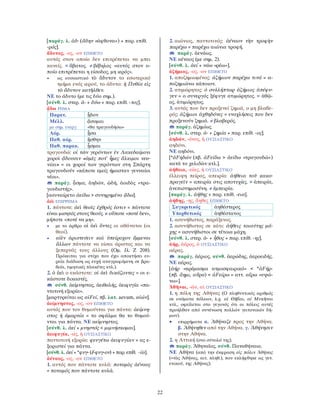 22
[παράγ. λ. ἁδ- (ἅδην «άφθονα») + παρ. επίθ.
-ρός].
ἄδυτος, -ος, -ον ΕΠΙΘΕΤΟ
αυτός στον οποίο δεν επιτρέπεται να μπει
κανείς. = ἄβατος. ≠ βέβηλος «αυτός στον ο-
ποίο επιτρέπεται η είσοδος, μη ιερός».
• ως ουσιαστικό τὸ ἄδυτον το εσωτερικό
τμήμα ενός ιερού, το άδυτο: ἡ Πυθία εἰς
τὸ ἄδυτον κατῆλθεν.
ΝΕ το άδυτο (με τις δύο σημ.).
[σύνθ. λ. στερ. ἀ- + δύω + παρ. επίθ. -τος].
ᾄδω ΡΗΜΑ
Παρατ. ᾖδον
Μέλλ.
με σημ. ενεργ.
ᾄσομαι
«θα τραγουδήσω»
Αόρ. ᾖσα
Παθ. αόρ. ᾔσθην
Παθ. παρακ. ᾖσμαι
τραγουδώ: οἱ τῶν γερόντων ἐν Λακεδαίμονι
χοροὶ ᾄδουσιν «ἁμὲς ποτ’ ἦμες ἄλκιμοι νεα-
νίαι» = οι χοροί των γερόντων στη Σπάρτη
τραγουδούν «κάποτε εμείς ήμασταν γενναίοι
νέοι».
παράγ. ᾆσμα, ἀηδών, ᾠδή, ἀοιδὸς «τρα-
γουδιστής».
[ασυναίρετο ἀείδω > συνηρημένο ᾄδω].
ἀεὶ ΕΠΙΡΡΗΜΑ
1. πάντοτε: ἀεὶ θεοῖς ἐχθρός ἐστιν = πάντοτε
είναι μισητός στους θεούς. ≠ οὔποτε «ποτέ δεν»,
μήποτε «ποτέ να μη».
• με το άρθρο οἱ ἀεὶ ὄντες οι αθάνατοι (οι
θεοί).
• αἰὲν ἀριστεύειν καὶ ὑπείροχον ἔμμεναι
ἄλλων πάντοτε να είσαι άριστος και να
ξεπερνάς τους άλλους (Ομ. Ιλ. Ζ 208).
Πρόκειται για στίχο που έχει αποκτήσει ευ-
ρεία διάδοση ως ευχή αναγραφόμενη σε βρα-
ϐεία, τιμητικές πλακέτες κτλ.).
2. ὁ ἀεὶ ο εκάστοτε: οἱ ἀεὶ δικάζοντες = οι ε-
κάστοτε δικαστές.
σύνθ. ἀείμνηστος, ἀειθαλής, ἀειφυγία «πα-
ντοτινή εξορία».
[μαρτυρείται ως αἰFεί, πβ. λατ. aevum, αἰών].
ἀείμνηστος, -ος, -ον ΕΠΙΘΕΤΟ
αυτός που τον θυμούνται για πάντα: ἀείμνη-
στος ἡ ἁμαρτία = το σφάλμα θα το θυμού-
νται για πάντα. ΝΕ αείμνηστος.
[σύνθ. λ. ἀεί + μνηστός < μιμνήσκομαι].
ἀειφυγία, -ας, ἡ ΟΥΣΙΑΣΤΙΚΟ
παντοτινή εξορία: φευγέτω ἀειφυγίαν = ας ε-
ξοριστεί για πάντα.
[σύνθ. λ. ἀεί + *φυγ- (ἔ-φυγ-ον) + παρ. επίθ. -ία].
ἀέναος, -ος, -ον ΕΠΙΘΕΤΟ
1. αυτός που πάντοτε κυλά: ποταμὸς ἀέναος
= ποταμός που πάντοτε κυλά.
2. αιώνιος, παντοτινός: ἀέναον τὴν τροφὴν
παρέχω = παρέχω αιώνια τροφή.
παράγ. ἀενάως.
ΝΕ αέναος (με σημ. 2).
[σύνθ. λ. ἀεί + νάω «ρέω»].
ἀζήμιος, -ος, -ον ΕΠΙΘΕΤΟ
1. αποζημιωμένος: ἀζήμιον παρέχω τινά = α-
ποζημιώνω κάποιον.
2. ατιμώρητος: ὁ συλλήπτωρ ἀζήμιος ἀπέφυ-
γεν = ο συνεργός ξέφυγε ατιμώρητος. = ἀθῷ-
ος, ἀτιμώρητος.
3. αυτός που δεν προξενεί ζημιά, ο μη βλαϐε-
ρός: ἀζήμιοι ἀχθηδόνες = ενοχλήσεις που δεν
προξενούν ζημιά. ≠ βλαβερός.
παράγ. ἀζημίως.
[σύνθ. λ. στερ. ἀ- + ζημία + παρ. επίθ. -ος].
ἀηδών, -όνος, ἡ ΟΥΣΙΑΣΤΙΚΟ
αηδόνι.
ΝΕ αηδόνι.
[*ἀFηδών (πβ. ἀFείδω > ἀείδω «τραγουδώ»)
κατά το χελιδὼν κτλ.].
ἀήθεια, -είας, ἡ ΟΥΣΙΑΣΤΙΚΟ
έλλειψη πείρας, απειρία: ἀήθεια τοῦ κακο-
πραγεῖν = απειρία στις αποτυχίες. = ἀπειρία,
ἀνεπιστημοσύνη. ≠ ἐμπειρία.
[παράγ. λ. ἀήθης + παρ. επίθ. -εια].
ἀήθης, -ης, ἄηθες ΕΠΙΘΕΤΟ
Συγκριτικός ἀηθέστερος
Υπερθετικός ἀηθέστατος
1. ασυνήθιστος, παράξενος.
2. ασυνήθιστος σε κάτι: ἀήθεις τοιαύτης μά-
χης = ασυνήθιστοι σε τέτοια μάχη.
[σύνθ. λ. στερ. ἀ- + ἦθος + παρ. επίθ. -ης].
ἀήρ, ἀέρος, ὁ ΟΥΣΙΑΣΤΙΚΟ
αέρας.
παράγ. ἀέριος, σύνθ. ἀερώδης, ἀεροειδής.
ΝΕ αέρας.
[ἀήρ «κρέμασμα ατμοσφαιρικό» < *ἀFήρ-
(πβ. ἄημι, αὔρα) < ἀFείρω = αττ. αἴρω «υψώ-
νω»].
Ἀθῆναι, -ῶν, αἱ ΟΥΣΙΑΣΤΙΚΟ
1. η πόλη της Αθήνας (Ο πληθυντικός αριθμός
σε ονόματα πόλεων, λ.χ. αἱ Θῆϐαι, αἱ Μυκῆναι
κτλ., οφείλεται στο γεγονός ότι οι πόλεις αυτές
προήλθαν από συνένωση πολλών γειτονικών δή-
μων).
• επιρρήματα α. Ἀθήναζε προς την Αθήνα.
β. Ἀθήνηθεν από την Αθήνα. γ. Ἀθήνησιν
στην Αθήνα.
2. η Αττική (στο σύνολό της).
παράγ. Ἀθηναῖος, σύνθ. Παναθήναια.
ΝΕ Αθήνα (από την έκφραση εἰς πόλιν Ἀθήνας
(=τὰς Ἀθήνας, αιτ. πληθ.), που εκλήφθηκε ως γεν.
ενικού, της Αθήνας).
 