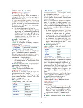 26
[*αFισ-θ- (ἀΐω), πβ. λατ. audio].
αἴσθησις, -εως, ἡ ΟΥΣΙΑΣΤΙΚΟ
1. αισθητηριακή αντίληψη.
2. αισθητήριο όργανο: πᾶσαι αἱ αἰσθήσεις ἐν
τῇ κεφαλῇ εἰσιν = όλα τα αισθητήρια όργανα
βρίσκονται στο κεφάλι.
3. γνώση, κατανόηση, αντίληψη (για διανοη-
τική διεργασία): ἐν αἰσθήσει τῶν ἀποριῶν ἐ-
γένετο, αἷς συνείχοντο οἱ στρατιῶται = έλα-
βε γνώση των ελλείψεων που καταπίεζαν
τους στρατιώτες του.
• για πράγματα αἴσθησιν ἔχω/παρέχω
γίνομαι αντιληπτός, αισθητός: διέχοντες
ᾖσαν ὅπως τὰ ὅπλα μὴ κρουόμενα πρὸς
ἄλληλα αἴσθησιν παρέχοι = βάδιζαν απέ-
χοντας ο ένας από τον άλλο, για να μη
γίνονται αισθητά τα όπλα, όταν συ-
γκρούονταν μεταξύ τους.
παράγ. αἰσθησιακός.
ΝΕ αίσθηση (με σημ. 1 και 3).
[παράγ. λ. *αἰσθη- (πβ. αἰσθη-τός, αἴσθ-ομαι)
+ παρ. επίθ. -σις].
αἰσχρός, -ὰ & -ός, -ὸν ΕΠΙΘΕΤΟ
Συγκριτικός ὁ, ἡ αἰσχίων, τὸ αἴσχιον
Υπερθετικός αἴσχιστος, -η, -ον
1. για εξωτερική εμφάνιση άσχημος: αἰσχρὰ παρ-
θένος = άσχημη νεαρή. ≠ καλὸς «όμορφος».
2. με ηθική σημ. κακοήθης, άτιμος, που προκα-
λεί ντροπή, επαίσχυντος: ἔργον αἰσχρόν = ά-
τιμη πράξη. ≠ ἀγαθὸς «καλός».
• ως ουσιαστικό τὸ αἰσχρόν η ατιμία, η κα-
κία: τὸ καλὸν καὶ τὸ αἰσχρόν = η αρετή
και η κακία.
παράγ. αἰσχρότης, σύνθ. αἰσχρουργός, αἰ-
σχροπρεπής, αἰσχροπραγέω.
ΝΕ αισχρός (με τις τη σημ. 2).
[παράγ. λ. αἶσχ-ος + παρ. επίθ. -ρός].
αἰσχύνη, -ης, ἡ ΟΥΣΙΑΣΤΙΚΟ
1. ντροπή: ἐς αἰσχύνην μεγάλην φέρει τι =
κάτι προκαλεί μεγάλη ντροπή.
2. αίσθημα ντροπής: ἐπὶ τοῖς αἰσχροῖς αἰσχύ-
νη = αίσθημα ντροπής απέναντι στα άτιμα
έργα. ≠ ἀναισχυντία.
ΝΕ αισχύνη (με τις σημ. 1, 2).
[παράγ. αἶσχ-ος + παρ. επίθ. -ύνη].
αἰσχύνω ΡΗΜΑ
Παρατ. ᾔσχυνον
Μέλλ. αἰσχυνῶ
Αόρ. ᾔσχυνα
Παρακ. ᾔσχυγκα
Παθ. μέλλ. αἰσχυνοῦμαι
«θα ντραπώ»
Παθ. αόρ. ᾐσχύνθην
«ντράπηκα»
Παθ. παρακ. ᾔσχυμμαι
1. ασχημίζω κάποιον ή κάτι: αἰσχύνω τὸν ἵπ-
πον = ασχημίζω το άλογο.
2. με ηθική σημ. ντροπιάζω, ατιμάζω: τοὺς ἡμε-
τέρους πατέρας αἰσχύνομεν = ντροπιάζουμε
τους πατέρες μας.
3. παθ. φωνή αἰσχύνομαι ντρέπομαι: αἰσχυνό-
μενος τῇ συμφορᾷ ἠνειχόμην = επειδή ντρε-
πόμουν για τη συμφορά, τα δεχόμουν. ᾐσχύ-
νοντο ὅτι ἦσαν οἱ βάρβαροι αὐτῶν ἐν τῇ χώ-
ρᾳ = ένιωθαν ντροπή που ήταν οι βάρβαροι
στη χώρα τους.
• με μετοχή αἰσχύνομαι ποιῶν τι ντρέπομαι
που κάνω κάτι (το οποίο όμως κάνω): οὐκ
αἰσχύνῃ εἰς τοιαῦτα ἄγων, ὦ Σώκρατες,
τοὺς λόγους; = δεν ντρέπεσαι, Σωκράτη,
που οδηγείς τη συζήτηση σε τέτοια θέματα;
• με απαρέμφατο αἰσχύνομαι ποιεῖν τι ντρέ-
πομαι να κάνω κάτι (και επομένως δεν το
κάνω): ᾐσχύνου τὸ ψεῦδος λέγειν = ντρε-
πόσουν να πεις το ψέμα.
παράγ. αἰσχυντηλός.
[παράγ. λ. αἶσχος + παρ. επίθ. -ύνω].
αἰτέω -ῶ ΡΗΜΑ
Παρατ. ᾔτουν
Mέλλ. αἰτήσω
Aόρ. ᾔτησα
Παρακ. ᾔτηκα
Παθ. παρακ. ᾔτημαι
1. ζητώ: αἰτῶ τινά τι = ζητώ κάτι από κάποιον.
αἰτῶ τινα ποιῆσαί τι = ζητώ από κάποιον να
κάνει κάτι. (∆εν είναι συνώνυμο προς το αἰτῶ τo
ρήμα ζητῶ, επειδή το τελευταίο στα αρχαία ελλ.
σημαίνει «ψάχνω», όχι «ζητώ»: αἰτεῖτε, καὶ δοθή-
σεται ὑμῖν· ζητεῖτε, καὶ εὑρήσετε = να ζητείτε και
θα σας δίνεται, να ψάχνετε και θα βρίσκετε).
2. μέση φωνή αἰτοῦμαι ζητώ: Λύσανδρον ἄρ-
χοντα ᾐτήσατο = ζήτησε το Λύσανδρο ως άρ-
χοντα.
3. παθ. φωνή αἰτοῦμαι μου ζητείται: ᾐτήθησαν
(οὗτοι) χρήματα = τους ζητήθηκαν χρήματα.
παράγ. αἴτησις, αἴτημα, αἰτητής.
ΝΕ λόγ. αιτούμαι (με τη σημ. 2).
[*αἶτος «αιτία» ( αἰτία) + παρ. επίθ. -έω].
αἰτία, -ας, ἡ ΟΥΣΙΑΣΤΙΚΟ
1. ενοχή, ευθύνη.
2. κατηγορία.
• αἰτίαν ἔχω / φέρομαι κατηγορούμαι: ἔχω
αἰτίαν τοῦ φόνου = κατηγορούμαι για το
φόνο. ἕξετε καὶ αἰτίαν ὡς Σωκράτη ἀπε-
κτόνατε = θα κατηγορηθείτε ότι έχετε
σκοτώσει το Σωκράτη. = μομφή, ψόγος.
3. αιτία.
παράγ. αἰτιάομαι, αἴτιος, σύνθ. αἰτιολο-
γέω.
 