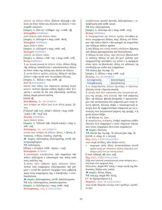33
αλλού, σε άλλον τόπο: ἄλλοτε ἀλλαχῇ = άλ-
λοτε σε έναν τόπο και άλλοτε σε άλλον. = ἀλ-
λαχόθι «αλλού».
[παράγ. λ. ἄλλ-ος + ένθημα -αχ- + επίθ. -ῇ].
ἀλλαχόθεν ΕΠΙΡΡΗΜΑ
από αλλού, από άλλον τόπο.
[παράγ. λ. ἀλλαχοῦ + παρ. επίθ. -θεν].
ἀλλαχόσε ΕΠΙΡΡΗΜΑ
προς άλλον τόπο.
[παράγ. λ. ἀλλαχοῦ + παρ. επίθ. -σε].
ἀλλαχοῦ ΕΠΙΡΡΗΜΑ
αλλού, σε άλλον τόπο.
[παράγ. λ. ἄλλος + ένθ. -αχ- + παρ. επίθ. -οῦ].
ἄλλῃ ΕΠΙΡΡΗΜΑ
1. με γενική τοπική σε άλλον τόπο: ἄλλοι ἄλλῃ
τῆς πόλεως ἀπώλλυντο = σκοτώνονταν άλλοι
σε έναν τόπο της πόλης και άλλοι σε άλλον.
2. κατά άλλον τρόπο, αλλιώς: ἄλλῃ ἐν νῷ ἔχω
λέγειν = έχω κατά νου να μιλήσω αλλιώς.
[παράγ. λ. ἄλλος + παρ. επίθ. -ῃ].
ἀλλ’ ἢ ΣΥΝ∆ΕΣΜΟΣ
έπειτα από λέξεις που δηλώνουν άρνηση παρά
μόνον: τούτου ἔμελλε οὐδεὶς ἄρξειν ἄλλ’ ἢ ἐ-
κείνη = αυτόν δε θα τον εξουσίαζε κανένας
άλλος παρά μόνον εκείνη.
[ἀλλὰ ἤ].
ἀλλοδαπός, -ή, - ὸν ΕΠΙΘΕΤΟ
που ανήκει σε άλλο λαό ή σε άλλη χώρα, ξέ-
νος.
[*ἀλλοδ- (πβ. λατ. aliud = ἄλλο) + παρ. επίθ.
-απός < ΙΕ -*nokw
os].
ἄλλοσε ΕΠΙΡΡΗΜΑ
προς άλλον τόπο.
[παράγ. λ. *ἄλλοδ- (πβ. ἀλλοδ-απός) + παρ. ε-
πίθ. -σε].
ἀλλότριος, -ία, -ιον ΕΠΙΘΕΤΟ
αυτός που ανήκει σε άλλον, ξένος. = ξένος, ἀ-
νοίκειος. ≠ ἴδιος, οἰκεῖος, γηγενής.
παράγ. ἀλλοτρίως, ἀλλοτριότης, σύνθ. ἀλ-
λοτριοπράγμων.
ΝΕ αλλότριος.
[ἄλλος + συγκριτ. επίθ. -τερος + -ιος].
ἀλλοτριόω -ῶ ΡΗΜΑ
1. αποστερώ, αποξενώνω: τῶν σωμάτων τὴν
πόλιν ἀλλοτριῶ = αποστερώ την πόλη από
τους πολίτες της.
2. κάνω κάτι εχθρικό προς κάποιον άλλο:
ταῦτα τοῖς συμμάχοις ἀλλοτριώσει τὴν χώ-
ραν = αυτά θα κάνουν τη χώρα τους εχθρική
προς τους συμμάχους της. = ἀποξενόω. ≠ συν-
διαλλάττω.
παράγ. ἀλλοτρίωσις, σύνθ. ἀπαλλοτριόω.
ΝΕ λόγ. αλλοτριώνω, απαλλοτριώνω.
[παράγ. λ. ἀλλότρ-ιος + παρ. επίθ. -όω].
ἀλλοτρίωσις, -εως, ἡ ΟΥΣΙΑΣΤΙΚΟ
αποξένωση: κακοῦ παντὸς ἀλλοτρίωσις = α-
ποξένωση από κάθε κακό.
ΝΕ λόγ. αλλοτρίωση.
[παράγ. λ. ἀλλοτρι-όω + παρ. επίθ. -σις].
ἄλλως ΕΠΙΡΡΗΜΑ
1. διαφορετικά, με άλλον τρόπο (συνήθως με
άλλα επιρρήματα) ἄλλως πως: ἄλλως οὐ δύνα-
μαι τὴν πόλιν ἑλεῖν = δεν μπορώ να κυριεύσω
την πόλη με άλλον τρόπο.
2. καὶ ἄλλως και εκτός αυτού, επιπλέον: ἄριστος
καὶ ἄλλως φρονιμώτατος καὶ δικαιότατος.
3. ἄλλως τε καὶ ιδίως, πρό πάντων: βασιλικόν
τι κάλλος ἄλλως τε καὶ ἂν μετ’ αἰδοῦς καὶ
σωφροσύνης κεκτῆταί τις αὐτό = η ομορφιά
είναι κάτι το βασιλικό, ιδίως αν κάποιος τη
συνδυάζει με αιδώ και εγκράτεια.
ΝΕ άλλως (με τη σημ. 1).
[παράγ. λ. ἄλλος + παρ. επίθ. -ως].
ἄλογος, -ος, -ον ΕΠΙΘΕΤΟ
Συγκριτικός ἀλογώτερος
Υπερθετικός ἀλογώτατος
1. ο στερούμενος λόγου (φωνής), ο άφωνος:
ἄλογος σιγή = άφωνη σιωπή.
2. αυτός που δεν υπακούει στο λογιστικό μέ-
ρος της ψυχής, στη λογική: τὴν τοῦ σώματος
ἕξιν τῇ ἀλόγῳ ἡδονῇ ἐπιτρέπω = εμπιστεύο-
μαι την κατάσταση του σώματός μου στην ά-
λογη ηδονή. ἄλογος δόξα = υποκειμενική ά-
ποψη που δε σχηματίστηκε σύμφωνα με τις ε-
πιταγές του λογιστικού μέρους της ψυχής. ≠ ἡ
μετὰ λόγου δόξα.
3. τὰ ἄλογα τα ζώα.
4. παράλογος, ανόητος: ἀνδρὶ τυράννῳ οὐδὲν
ἄλογον ὅ,τι συμφέρον = στον τύραννο τίποτε
που είναι συμφέρον δεν είναι παράλογο.
παράγ. ἀλόγως.
ΝΕ άλογο (με τη σημ. 3), άλογος (με σημ. 4).
[σύνθ. λ. στερ. ἀ- + λόγος].
ἅλς, ἁλός, ὁ (Α) ΟΥΣΙΑΣΤΙΚΟ
στον πληθ. oἱ ἅλες, τῶν ἁλῶν αλάτι.
• παροιμία τοὺς ἅλας συναναλίσκω (τινί)
τρώω μαζί με κάποιον αλάτι (δηλαδή συν-
δέομαι μαζί του με στενή φιλία).
[*σαλ- (ἅλμη), πβ. λατ. sal].
ἅλς, ἁλός, ἡ (Β) ΟΥΣΙΑΣΤΙΚΟ
λέξη που απαντά αποκλειστικά στην ποίηση και ι-
διαίτερα στα ομηρικά έπη.
θάλασσα: παρὰ θῖν’ ἁλός = στην ακτή της θά-
λασσας, δίπλα στο γιαλό.
παράγ. ἅλιος, ἅλμη.
ΝΕ στη φρ. παρὰ θῖν’ ἁλός.
[ το προηγούμενο λ.].
ἄλφιτον, -ίτου, τὸ ΟΥΣΙΑΣΤΙΚΟ
στον πληθ. ἄλφιτα αλεύρι από κριθάρι, κριθά-
λευρο.
 