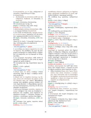 38
3. αναγκασμένος, με το ζόρι: πολεμισταὶ ἀ-
ναγκαῖοι = στρατιώτες με το ζόρι.
4. απαραίτητος.
• τὰ ἀναγκαῖα τα αναγκαία αγαθά για την
ανθρώπινη διαβίωση. οἱ ἀναγκαῖοι οι
συγγενείς.
παράγ. ἀναγκαίως, ἀναγκαιότης.
ΝΕ αναγκαίος (με τη σημ. 4).
[παράγ. λ. ἀνάγκη + παρ. επίθ. -αῖος].
ἀνάγκη, -ης, ἡ ΟΥΣΙΑΣΤΙΚΟ
1. εξαναγκασμός, ανάγκη, αναγκαιότητα. = βία.
• ως επίρρημα ἀνάγκῃ αναγκαστικά.
2. στον πληθ. αἱ ἀνάγκαι βία, τιμωρία (ιδιαίτε-
ρα για βασανιστήρια): προσάγω τινὶ τὰς ἀνάγ-
κας = χρησιμοποιώ βία εναντίον κάποιου.
παράγ. ἀναγκάζω, ἀναγκαῖος, σύνθ. πει-
θανάγκη.
[ίσως ἀν- (< ἀνά) + *-άγκη (πβ. ἀγκών) με τη
σημ. «σύλληψη μέσα στα μπράτσα»].
ἀναγράφω ΡΗΜΑ
Για τους χρόνους γράφω
1. για συνθήκες και νόμους εγχαράσσω και στή-
νω δημόσια: τὰς ξυνθήκας τὰς περὶ τῆς ξυμ-
μαχίας ἀνέγραψαν ἐν στήλῃ λιθίνῃ = εγχάρα-
ξαν τις συμφωνίες για τη συμμαχία σε πέτρι-
νη στήλη.
2. για συγγραφέα περιγράφω: οὐδὲ ταῦτα ἐς
τὸ ἀληθὲς ἀνέγραψαν = ούτε αυτά τα περιέ-
γραψαν με τρόπο αληθινό.
ΝΕ αναγράφω (με σημ. παραπλήσια προς τη
σημ. 1).
[παράγ. λ. ἀνά + γράφω].
ἀνάγω ΡΗΜΑ
Για τους χρόνους ἄγω
1. οδηγώ προς τα πάνω, ανεβάζω: ἀνάγω
πελταστὰς πρὸς τὸ ὄρος = ανεβάζω πελτα-
στές στο βουνό.
2. οδηγώ από τα παράλια (ιδιαίτερα της Μι-
κράς Ασίας) στο εσωτερικό της χώρας ή από
τον Πειραιά προς την Αθήνα: Φαρνάβαζος
κατεῖχε τοὺς πρέσβεις, φάσκων ἀνάξειν αὐ-
τοὺς παρὰ βασιλέα = ο Φαρνάβαζος κρατού-
σε τους απεσταλμένους, λέγοντας ότι θα τους
οδηγήσει στο βασιλιά.
3. μέση φωνή ἀνάγομαι αποπλέω, σηκώνω ά-
γκυρα: ἐπλήρουν τὰς ναῦς ὡς ἀναξόμενοι =
έμπαιναν στα καράβια, γιατί επρόκειτο να
σηκώσουν άγκυρα. = ἀποπλέω, ἀπαίρω «α-
ποπλέω». ≠ κατάγομαι «φτάνω στην ξηρά».
παράγ. ἀναγωγὴ «απόπλους», σύνθ. συ-
νάγω.
ΝΕ ανάγομαι (για χρόνο, πηγαίνω πίσω).
[σύνθ. λ. ἀνά + ἄγω].
ἀνάθεσις, -εως, ἡ ΟΥΣΙΑΣΤΙΚΟ
τοποθέτηση κάποιου πράγματος σε δημόσιο
χώρο, προσφορά αναθημάτων σε ναούς: τρί-
ποδος ἀνάθεσις = προσφορά τρίποδα.
ΝΕ ανάθεση (λ.χ. εργασίας, καθηκόντων
κτλ.).
[σύνθ. λ. ἀνά + θέσις < τίθημι].
ἀναθεωρέω -ῶ ΡΗΜΑ
Για τους χρόνους θεωρέω
εξετάζω προσεκτικά.
παράγ. ἀναθεώρησις «προσεκτική εξέτα-
ση».
ΝΕ αναθεωρώ (λ.χ. μια άποψη κτλ.).
[παράγ. λ. ἀνά + θεωρέω].
ἀνάθημα, -ατος, τὸ ΟΥΣΙΑΣΤΙΚΟ
αφιέρωμα που προσφέρεται σε ναό ή στήνε-
ται σε δημόσιο χώρο. = ἀφιέρωμα.
[παράγ. λ. ἀνά + *θη- (ἀνα-τί-θη-μι) + παρ. ε-
πίθ. -μα].
ἀναθηματικός, -ή, -ὸν ΕΠΙΘΕΤΟ
αυτός που συνίσταται σε ἀναθήματα.
[παράγ. λ. ἀνάθημα, -ατος + παρ. επίθ. -ικός].
ἀναθρέω -ῶ
παρατηρώ με προσοχή: μόνον τῶν θηρίων
ὀρθῶς ὁ ἄνθρωπος ἄνθρωπος ὠνομάσθη ἀ-
ναθρῶν ἃ ὄπωπεν = από όλα τα ζώα μόνον ο
άνθρωπος ορθώς ονομάστηκε «άνθρωπος», ε-
πειδή παρατηρεί προσεκτικά (= ἀναθρῶν)
αυτά που έχει δει (= ὄπωπεν).
παράγ. ἀνάθρησις.
[παράγ. λ. ἀνά + ἀθρέω].
ἀναίδεια & ἀναιδεία, -ας, ἡ ΟΥΣΙΑΣΤΙΚΟ
αναίδεια, αδιαντροπιά: εἰς τοῦθ᾽ ἧκεν ἀναι-
δείας, ὥστ᾽ ἐτόλμα λέγειν... = έφτασε σε αυτό
το σημείο αναίδειας, ώστε τολμούσε να λέει...
• λίθος ἀναιδείας πέτρα στον Άρειο Πάγο,
επάνω στην οποία στεκόταν ο κατήγο-
ρος, όταν απαιτούσε από το δικαστήριο
να επιβάλει τη μέγιστη δυνατή ποινή που
προέβλεπε ο νόμος στο άτομο που κατη-
γορούσε για ανθρωποκτονία.
ΝΕ αναίδεια.
[παράγ. λ. ἀναιδής (στερ. ἀ + αἰδώς) + παρ. ε-
πίθ. -εια].
ἀναίρεσις, -εως, ἡ ΟΥΣΙΑΣΤΙΚΟ
1. περισυλλογή (ιδίως πτωμάτων για ενταφια-
σμό): νεκρῶν ἀναίρεσις = περισυλλογή των
νεκρών.
2. καταστροφή: τῶν τειχῶν ἀναίρεσις = κα-
ταστροφή των τειχών.
3. θανάτωση.
ΝΕ αναίρεση «ακύρωση» (λ.χ. νόμου, επιχει-
ρήματος με σημ. παρόμοια με τη 2).
[σύνθ. λ. ἀνά + αἵρεσις].
ἀναιρέω -ῶ ΡΗΜΑ
Για τους χρόνους αἱρέω -ῶ
 