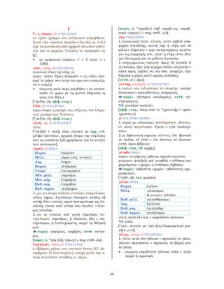 66
Γ
Γ, γ, γάμμα, τὸ ΟΥΣΙΑΣΤΙΚΟ
το τρίτο γράμμα του ελληνικού αλφαβήτου.
Κατά την κλασική περίοδο (5ος-4ος αι. π.Χ.)
είχε τη φωνητική αξία ηχηρού κλειστού φθόγ-
γου και οι αρχαίοι Έλληνες το πρόφεραν ως
[g].
• ως αριθμητικό σύμβολο: γ΄ = 3, αλλά ͵γ =
3.000.
γαῖα, γαίης, ἡ ΟΥΣΙΑΣΤΙΚΟ
ποιητικός τύπος της λέξης γῆ.
χώμα: γαῖαν ἔχοις ἐλαφράν = ας είναι ελα-
φρό το χώμα σου (ευχή την ώρα που ενταφιάζε-
ται ο νεκρός).
• έκφραση γαῖα πυρὶ μειχθήτω = ας ανακα-
τωθεί το χώμα με τη φωτιά (δηλαδή ας
γίνει ό,τι θέλει).
[*γαFjα, γῆ, αβέβ. ετυμ.].
Γαῖα, ἡ ΟΥΣΙΑΣΤΙΚΟ
κύριο όνομα η μητέρα και σύζυγος του Ουρα-
νού, μητέρα των Τιτάνων.
[*γαFjα, γῆ, αβέβ. ετυμ.].
γαλῆ, -ῆς, ἡ ΟΥΣΙΑΣΤΙΚΟ
γάτα.
[*γαλέjᾱ > γαλῆ, ίσως συγγεν. με αρχ. ινδ.
girikā «ποντίκι», αρχικά όνομα της νυφίτσας
που ως οικόσιτο ζώο χρησίμευε για το κυνήγι
των ποντικιών].
γαμέω -ῶ ΡΗΜΑ
Παρατ. ἐγάμουν
Μέλλ. γαμῶ (-εῖς, -εῖ κτλ.)
Αόρ. ἔγημα
Παρακ. γεγάμηκα
Υπερσ. ἐγεγαμήκειν
Μέσ. μέλλ. γαμοῦμαι
Μέσ. αόρ. ἐγημάμην
Παθ. αόρ. ἐγαμήθην
Παθ. παρακ. γεγάμημαι
1. για τον άντρα παίρνω γυναίκα, νυμφεύομαι:
οὗτος γήμας Λυσιδίκην ἐποίησεν παῖδας ἐξ
αὐτῆς δύο = αυτός, αφού παντρεύτηκε τη Λυ-
σιδίκη, έκανε από αυτήν δύο παιδιά. = ἄγο-
μαι γυναῖκα.
2. για τη γυναίκα παθ. φωνή γαμοῦμαι πα-
ντρεύομαι: γαμοῦμαι, ἡ τάλαινα, βίᾳ = πα-
ντρεύομαι, η δυστυχισμένη, παρά τη θέλησή
μου.
παράγ. γαμήλιος, γαμβρός, σύνθ. νεόγα-
μος.
[παράγ. λ. *γάμ- (πβ. γάμ-ος) + παρ. επίθ. -έω].
Γαμηλιών, -ῶνος, ὁ ΟΥΣΙΑΣΤΙΚΟ
ο έβδομος μήνας του αττικού έτους (15 ∆ε-
κεμβρίου-15 Ιανουαρίου), εποχή κατά την ο-
ποία τελούνταν συνήθως οι γάμοι.
[παράγ. λ. *γαμήλ(ι)- (πβ. γαμήλ-ιος, γαμήλ-
ευμα «γάμος») + παρ. επίθ. -ών].
γὰρ ΣΥΝ∆ΕΣΜΟΣ
1. αιτιολογικός διότι, επειδή, γιατί: μηδενὶ συμ-
φορὰν ὀνειδίσῃς, κοινὴ γὰρ ἡ τύχη καὶ τὸ
μέλλον ἀόρατον = μην κατηγορήσεις κανένα
για τις συμφορές του, γιατί η τύχη είναι ίδια
για όλους μας και το μέλλον άγνωστο.
2. επεξηγηματικός δηλαδή: ὅμως δὲ λεκτέα ἃ
γιγνώσκω, ἔχει γὰρ ἡ χώρα πεδία κάλλιστα =
αλλά όμως πρέπει να πω όσα γνωρίζω, έχει
δηλαδή η χώρα πολύ ωραίες πεδιάδες.
[σύνθ. γε + ἄρα].
γαστήρ, γαστρός, ἡ ΟΥΣΙΑΣΤΙΚΟ
η κοιλιά και ειδικότερα το στομάχι: γαστρὶ
δουλεύων = κοιλιόδουλος, λαίμαργος.
παράγ. γάστρων «κοιλαράς», σύνθ. γα-
στρί-μαργος.
ΝΕ γαστέρα «κοιλιά».
[αβέβ. ετυμ., ίσως από το *γρα-στήρ < γράω
«χωνεύω»].
γε ΕΓΚΛΙΤΙΚΟ ΜΟΡΙΟ
1. συχνά με αντωνυμίες τουλάχιστον, πάντως,
εν πάση περιπτώσει: ἔγωγε = εγώ τουλάχι-
στον.
2. με βεβαιωτική σημασία πάντως: ὅτι ἤκουσά
γε ταῦτα, εὖ οἶδα = ότι πάντως τα άκουσα
αυτά, είμαι βέβαιος.
[αβέβ. ετυμ., ΙΕ αρχής].
γέγηθα ΡΗΜΑ
παρακ. του ρήματος γηθέω με σημασία ενεστώτα.
χαίρομαι: φαιδρὸς καὶ γεγηθώς = εύθυμος και
χαρούμενος. = χαίρω. ≠ λυπέομαι, ἄχθομαι.
παράγ. γηθοσύνη «χαρά», γηθόσυνος «χα-
ρούμενος».
[*γᾱθ-, πβ. λατ. gaudeo].
γελάω ΡΗΜΑ
Παρατ. ἐγέλων
Μέλλ. γελάσομαι
& μεταγεν. γελάσω
Παθ. μέλλ. γελασθήσομαι
Αόρ. ἐγέλασα
Παθ. αόρ. ἐγελάσθην
Παθ. παρακ. γεγέλασμαι
γελώ: γελῶ ἐπί τινι = κοροϊδεύω κάποιον.
ΝΕ γελώ.
[*γελ-, συγγεν. με γαλ-ήνη (διαφορετικό φω-
νήεν, α-ε)].
γέλως, -ωτος, ὁ ΟΥΣΙΑΣΤΙΚΟ
1. γέλιο: κινῶ τὸν γέλωτα = προκαλώ το γέλιο.
γέλωτα ὀφλισκάνω = προκαλώ σε βάρος μου
τα γέλια.
• έκφραση σαρδάνιον γέλωτα γελῶ = γελώ
πικρά ή ειρωνικά.
 