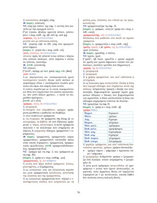 70
2. απατεώνας: πονηρὸς γόης.
παράγ. γοητικός.
ΝΕ γόης (με επέκτ. της σημ. 1 «αυτός που μα-
γεύει με την ομορφιά του»).
[*γό- (γοάω «βγάζω κραυγή πόνου, κόπτο-
μαι» + παρ. επίθ. -ης, πβ. πέν-ης, κέλ-ης].
γοητεία, -ας, ἡ ΟΥΣΙΑΣΤΙΚΟ
μαγεία και με επέκταση απάτη.
ΝΕ γοητεία (πβ. το ΝΕ γόης στο προηγού-
μενο λήμμα).
[παράγ. λ. γοητε-ύω + παρ. επίθ. -ία].
γόνυ, γόνατος, τὸ ΟΥΣΙΑΣΤΙΚΟ
γόνατο: πρὸς τὰ γόνατά τινος πίπτω = πέφτω
στα γόνατα κάποιου. γόνυ κάμπτω = κλίνω
τα γόνατα, γονατίζω.
σύνθ. γονυπετής.
ΝΕ γόνατο.
[*γονF-, ομόρρ. με λατ. genū, αρχ. ινδ. jānu].
γοῦν ΜΟΡΙΟ
1. με περιοριστική και συμπερασματική χροιά
τουλάχιστον λοιπόν: ἔοικα γοῦν τούτου γε
σοφώτερος εἶναι = τουλάχιστον λοιπόν φαί-
νεται ότι είμαι πιο σοφός από αυτόν.
2. εισάγει παράδειγμα με το οποίο τεκμηριώνεται
μια θέση που εκφράστηκε στα αμέσως προηγούμε-
να. τὸν γοῦν ἄλλον χρόνον... = κατά το πα-
ρελθόν πράγματι...
[σύνθ. γέ + οὖν].
γράμμα, -ατος, τὸ ΟΥΣΙΑΣΤΙΚΟ
1. ζωγραφιά.
2. στοιχείο του αλφαβήτου, γράμμα: γράμ-
ματα μανθάνω = μαθαίνω να διαβάζω.
3. στον πληθυντικό γράμματα
α. τα έγγραφα: τὰ γράμματα τῆς δίκης. β. το
σύγγραμμα, το βιβλίο: τὰ τοῦ Ζήνωνος γράμ-
ματα. γ. νόμοι, κανονισμοί: ἡ κατὰ γράμματα
πολιτεία = το πολίτευμα που στηρίζεται σε
νόμους. δ. μόρφωση: ἄπειρος γραμμάτων = α-
μόρφωτος.
παράγ. γραμματεύς, γραμματεύω «είμαι
γραμματέας», γραμματεῖον «πινακίδα πάνω
στην οποία έγραφαν», γραμματική, γραμμα-
τικός «φιλόλογος», σύνθ. γραμματοδιδάσκα-
λος, γραμματοφύλαξ.
ΝΕ γράμμα (με τη σημ. 2, και γράμματα με
τη σημ. 3δ).
[παράγ. λ. γράφ-ω + παρ. επίθημ. -μα].
γραμματικός, -ή, -ὸν ΕΠΙΘΕΤΟ
1. αυτός που ξέρει πολλά γράμματα, λόγιος,
μελετημένος. ≠ ἀγράμματος.
2. ως ουσιαστικό, από την ελληνιστική περίοδο
και μετά γραμματικός φιλόλογος, μελετητής
της γλώσσας και της γραμματείας.
3. ως ουσιαστικό γραμματική (ενν. τέχνη) ο ε-
πιστημονικός κλάδος που ασχολείται με τη
μελέτη μιας γλώσσας και ειδικά με τη γραμ-
ματική της.
ΝΕ γραμματική (με τη σημ. 3).
[παράγ. λ. γράμμα, -ατος (< γράφ-ω) + παρ. ε-
πίθ. -ικός].
γραμματιστής, -οῦ, ὁ ΟΥΣΙΑΣΤΙΚΟ
δάσκαλος που μαθαίνει στο παιδί τα πρώτα
γράμματα.
[παράγ. λ. γραμματίζω + παρ. επίθ. -τής].
γραῦς, γραός, ἡ & γραῖα, -ας, ἡ ΟΥΣΙΑΣΤΙΚΟ
γριά γυναίκα.
παράγ. γραώδης. ≠ νεᾶνις.
ΝΕ γραία, γριά.
[*γρᾱF-, πβ. διαλ. γραιFία = γραῑα· αρχικά
τα γραῡς και γραῑα σήμαιναν «τσίπα του γά-
λακτος», κατόπιν «ρυτίδα του δέρματος»].
γραφή, -ῆς, ἡ ΟΥΣΙΑΣΤΙΚΟ
1. ζωγραφική.
2. ζωγραφιά.
3. η χρήση γραμμάτων, και κατ’ επέκταση η
συγγραφή.
4. ως δικανικός όρος καταγγελία, δίωξη ή δίκη
που αφορά αδίκημα που στρέφεται κατά της
πόλεως: ἀστρατείας γραφή = δίωξη για ανυ-
ποταξία. Κηφισοφῶντα γραφὴν ἱερῶν χρη-
μάτων ἐδίωκες = δίωκες τον Κηφισοφώντα
για ιεροσυλία. ≠ δίκη «καταγγελία ή δίκη για
αδίκημα στρεφόμενο ενάντια σε ιδιώτη».
ΝΕ γραφή (με τη σημ.3).
[παράγ. λ. γράφ-ω + παρ. επίθ. -ή].
γράφω ΡΗΜΑ
Παρατ. ἔγραφον
Μέλλ. γράψω
Αόρ. ἔγραψα
Παρακ. γέγραφα
Μέσ. μέλλ. γράψομαι
Παθ. μέλλ. γραφήσομαι
Μέσ. αόρ. ἐγραψάμην
Παθ. αόρ. ἐγράφην
Παθ. παρακ. γέγραμμαι
Παθ. υπερσ. ἐγεγράμμην
1. χαράζω γράμματα, και κατ’ επέκταση δια-
τυπώνω γραπτώς, γράφω: γράφω ἐπιστολήν.
• γράφω νόμον / ψήφισμα = προτείνω νό-
μο / ψήφισμα.
2. ζωγραφίζω: ἀνδριάντα γράφω = ζωγραφί-
ζω ένα άγαλμα. εἰκὼν γεγραμμένη. = ζωγρα-
φέω -ῶ.
3. μέση φωνή γράφομαι καταγγέλλω: οἱ γρα-
ψάμενοι = αυτοί που έχουν καταγγείλει, οι
μηνυτές. τοὺς ἀρχαίους θεοὺς οὐ νομίζοντα
ἐγράψατό με = με κατάγγειλε, επειδή δήθεν
δεν πιστεύω στους παλιούς θεούς.
 
