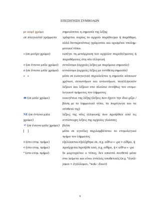 ΕΠΕΞΗΓΗΣΗ ΣΥΜΒΟΛΩΝ
με καφέ χρώμα σημειώνεται η σημασία της λέξης
σε πλαγιαστά γράμματα γράφεται κυρίως το αρχαίο παράδειγμα ή παράθεμα,
αλλά δευτερευόντως γράφονται και ορισμένοι υπολημ-
ματικοί τύποι
= (σε μαύρο χρώμα) εισάγει τη μετάφραση του αρχαίου παραδείγματος ή
παραθέματος στη νέα ελληνική
= (σε έντονο μπλε χρώμα) συνώνυμα (αρχαίες λέξεις με παρόμοια σημασία)
≠ (σε έντονο μπλε χρώμα) αντώνυμα (αρχαίες λέξεις με αντίθετη σημασία)
« » μέσα σε εισαγωγικά περικλείεται η σημασία κάποιων
χρόνων, συνωνύμων και αντωνύμων, νεοελληνικών
λέξεων και λέξεων στο πλαίσιο συνήθως του ετυμο-
λογικού τμήματος του λήμματος
(σε μπλε χρώμα) οικογένεια της λέξης (λέξεις που έχουν την ίδια ρίζα /
βάση με το λημματικό τύπο, τα παράγωγα και τα
σύνθετά της)
ΝΕ (σε έντονο μπλε
χρώμα)
λέξεις της νέας ελληνικής που προήλθαν από τις
αντίστοιχες λέξεις της αρχαίας γλώσσας
(σε έντονο μπλε χρώμα) βλέπε
[ ] μέσα σε αγκύλες περιλαμβάνεται το ετυμολογικό
τμήμα του λήμματος
> (στο ετυμ. τμήμα) εξελίσσεται/εξελίχθηκε σε, π.χ. αἴθ-ω + -ρα > αἴθρα, ἡ
< (στο ετυμ. τμήμα) προέρχεται/προήλθε από, π.χ. αἴθρα, ἡ < αἴθ-ω + -ρα
* (στο ετυμ. τμήμα) δε μαρτυρείται ο τύπος, δεν απαντά πουθενά μέσα
στα κείμενα και είναι εντελώς υποθετικός (π.χ. *ἀγάλ-
jομαι > ἀγάλλομαι, *wek-: ἄκων)
9
 