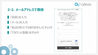 2-2. メールアドレスで登録
▌ 「名前」を⼊⼒
▌ 「メール」を⼊⼒
▌ 「私はロボットではありません」にチェック
▌ 「アカウント登録」をクリック
 