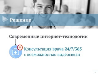 4
Современные интернет-технологии
Решение
Консультация врача 24/7/365
с возможностью видеосвязи
 