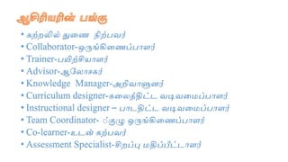 • கற்ைலில் துனை நிற்பவர்
• Collaborator-ஒருங்கினைப்பாளர்
• Trainer-பயிற்சியாளர்
• Advisor-ஆமலாசகர்
• Knowledge Manager-அறிவாளுைர்
• Curriculum designer-கனலத்திட்ட வடிவனேப்பாளர்
• Instructional designer – பாடதிட்ட வடிவனேப்பாளர்
• Team Coordinator- ்குழு ஒருங்கினைப்பாளர்
• Co-learner-உடன் கற்பவர்
• Assessment Specialist-சிைப்பு ேதிப்பீட்டாளர்
 