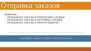 Отправка заказов
ВОВРЕМЯ:
• ПЕРЕДАВАТЬ ЗАКАЗЫ В КУРЬЕРСКИЕ СЛУЖБЫ
• ПЕРЕДАВАТЬ ЗАКАЗЫ В ПОЧТОВЫЕ СЛУЖБЫ
• ПЕРЕДАВАТЬ ЗАКАЗЫ В ПУНКТЫ ВЫДАЧИ
ЗАДЕРЖКА МОЖЕТ СТОИТЬ ВСЕГО ЗАКАЗА
 