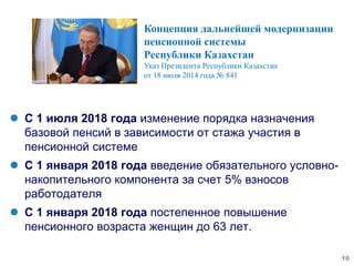 Концепция дальнейшей модернизации
пенсионной системы
Республики Казахстан
Указ Президента Республики Казахстан
от 18 июля 2014 года № 841
 С 1 июля 2018 года изменение порядка назначения
базовой пенсий в зависимости от стажа участия в
пенсионной системе
 С 1 января 2018 года введение обязательного условно-
накопительного компонента за счет 5% взносов
работодателя
 С 1 января 2018 года постепенное повышение
пенсионного возраста женщин до 63 лет.
10
 