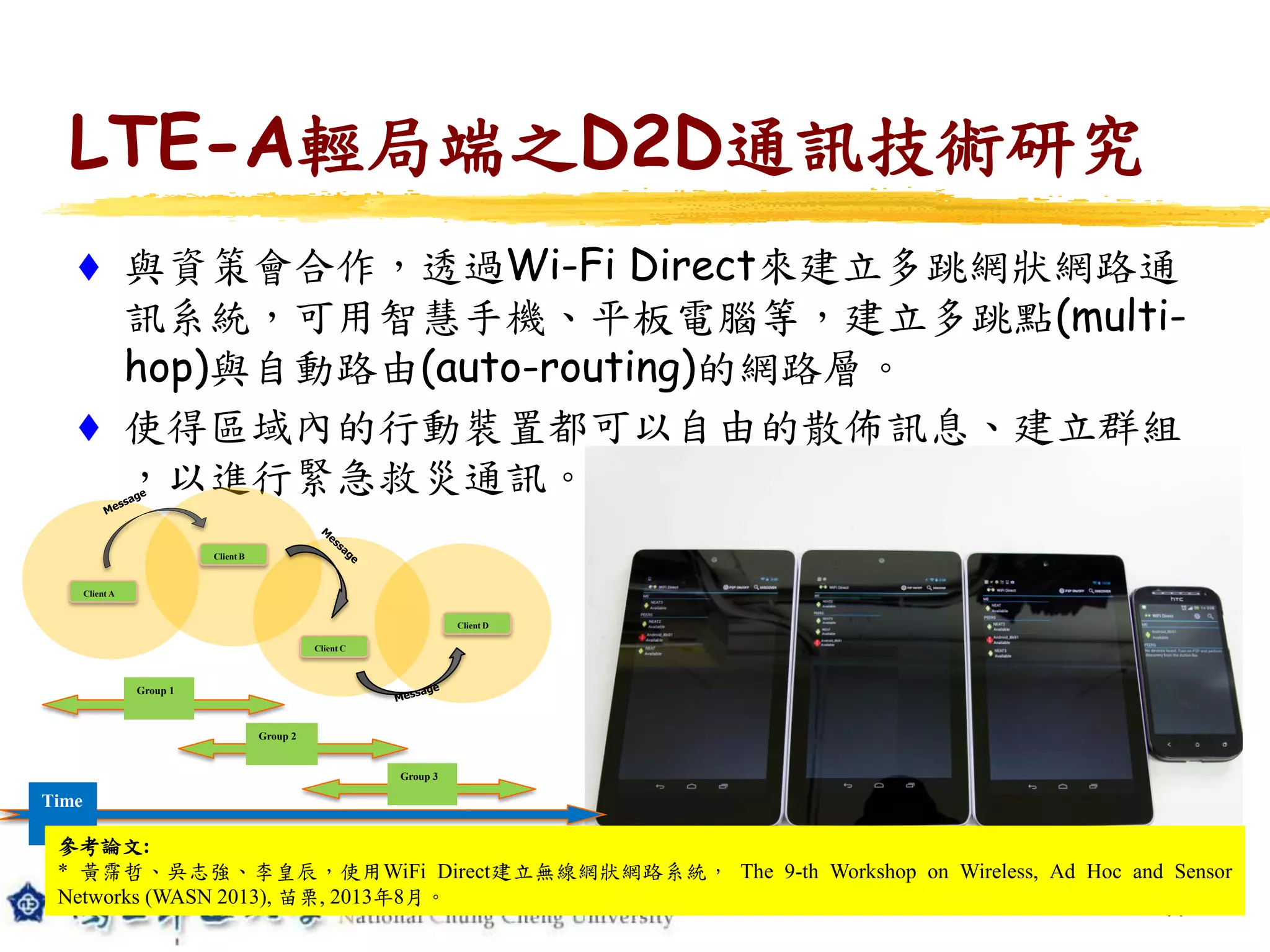 LTE-A輕局端之D2D通訊技術研究
 與資策會合作，透過Wi-Fi Direct來建立多跳網狀網路通
訊系統，可用智慧手機、平板電腦等，建立多跳點(multi-
hop)與自動路由(auto-routing)的網路層。
 使得區域內的行動裝置都可以自由的散佈訊息、建立群組
，以進行緊急救災通訊。
11
Client A
Client B
Client C
Client D
Time
Group 1
Group 2
Group 3
參考論文:
* 黃霈哲、吳志強、李皇辰，使用WiFi Direct建立無線網狀網路系統， The 9-th Workshop on Wireless, Ad Hoc and Sensor
Networks (WASN 2013), 苗栗, 2013年8月。
 