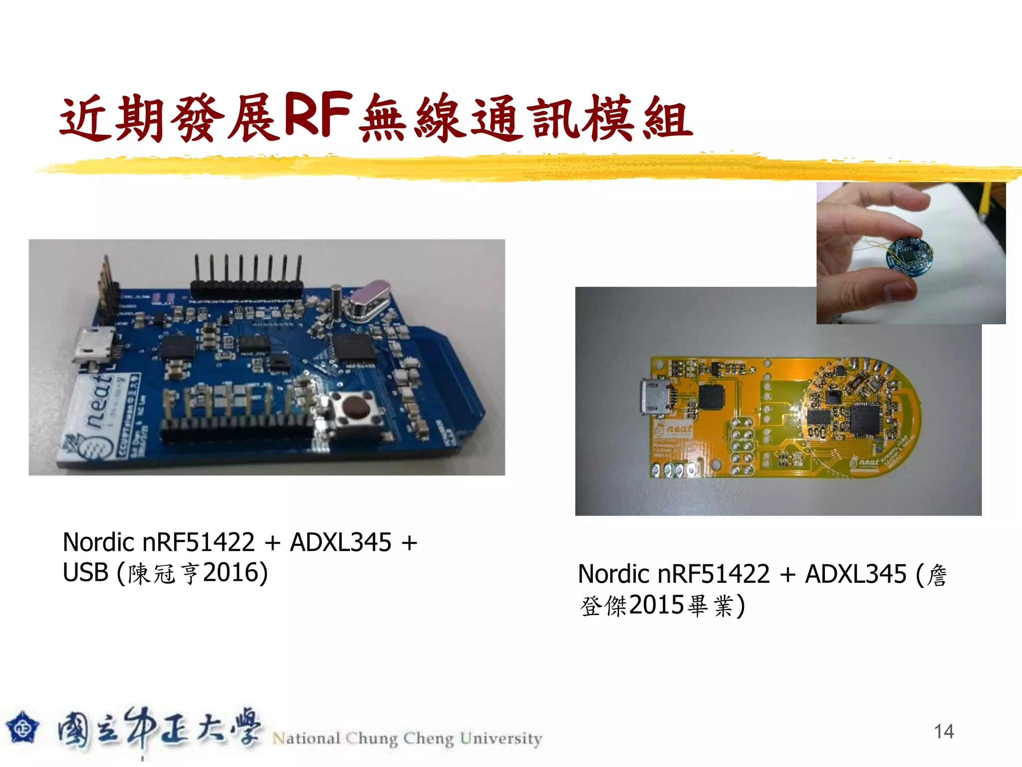 近期發展RF無線通訊模組
14
Nordic nRF51422 + ADXL345 +
USB (陳冠亨2016) Nordic nRF51422 + ADXL345 (詹
登傑2015畢業)
 