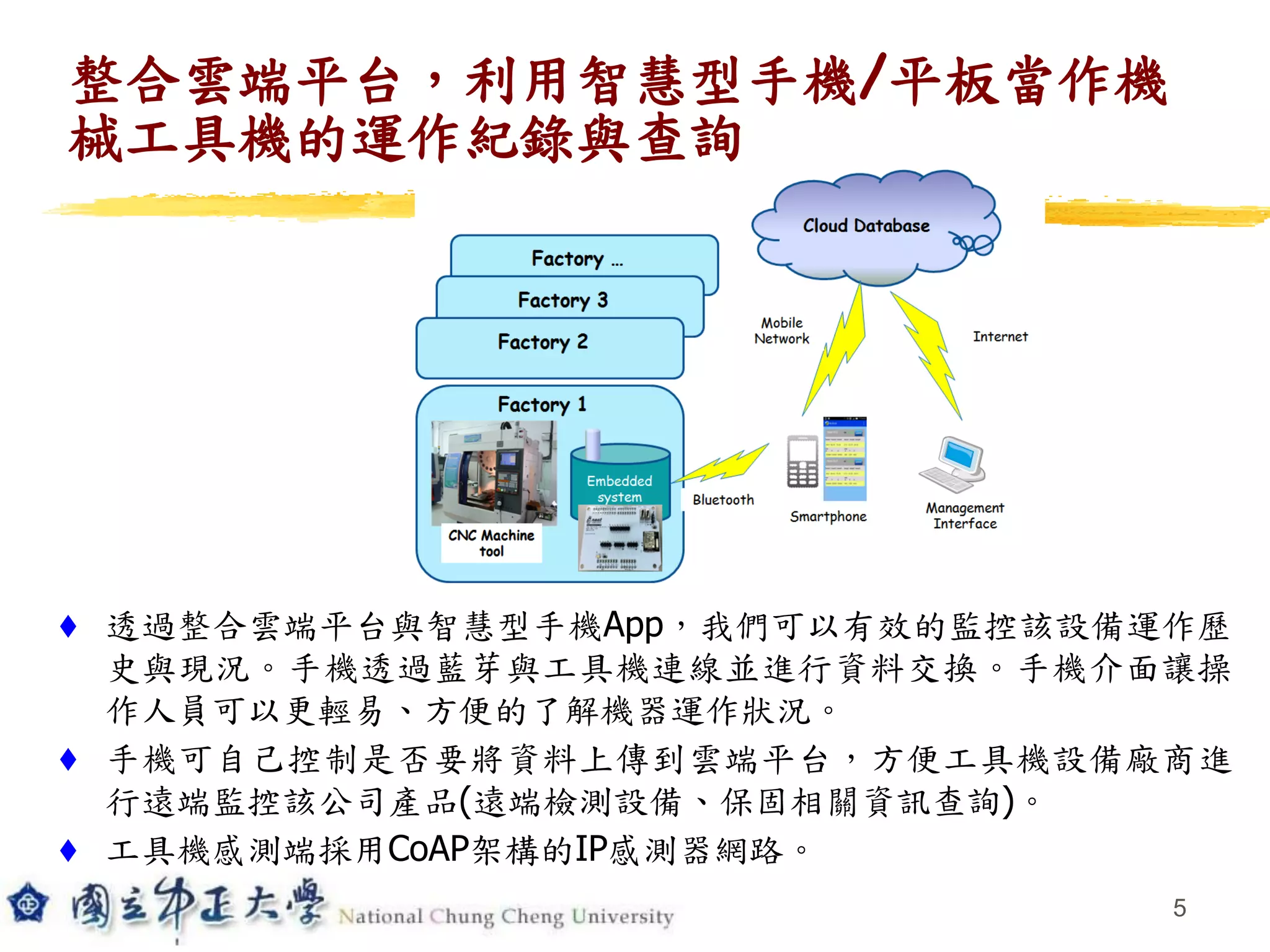 整合雲端平台，利用智慧型手機/平板當作機
械工具機的運作紀錄與查詢
 透過整合雲端平台與智慧型手機App，我們可以有效的監控該設備運作歷
史與現況。手機透過藍芽與工具機連線並進行資料交換。手機介面讓操
作人員可以更輕易、方便的了解機器運作狀況。
 手機可自己控制是否要將資料上傳到雲端平台，方便工具機設備廠商進
行遠端監控該公司產品(遠端檢測設備、保固相關資訊查詢)。
 工具機感測端採用CoAP架構的IP感測器網路。
5
 