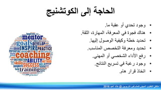 ‫الكوتشنيج‬ ‫إلى‬ ‫الحاجة‬
•‫وجود‬‫ما‬ ‫عقبة‬ ‫أو‬ ‫تحدي‬.
•‫هناك‬‫المهارة‬ ‫المعرفةف‬ ‫في‬ ‫فجوة‬‫ف‬‫الثقة‬.
•‫تحديد‬‫خطة‬‫وكيفية‬‫الوصول‬‫إليها‬.
•‫تحديد‬‫التخصص‬ ‫ومعرفة‬‫المناسب‬.
•‫رفع‬‫أو‬ ‫الشخصي‬ ‫األداء‬‫المهني‬.
•‫النتائج‬ ‫تسريع‬ ‫في‬ ‫رغبة‬ ‫وجود‬.
•‫اتخاذ‬‫قرار‬‫هام‬.
‫التربويين‬ ‫للمشرفين‬ ‫المهني‬ ‫التطوير‬ ‫ملتقى‬@‫العيد‬ ‫خالد‬2016
 