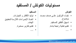 ‫الكوتش‬ ‫مسئوليات‬/‫المستفيد‬
‫الكوتش‬
•‫ررراء‬‫ر‬‫إبق‬‫ررردد‬‫ر‬‫مح‬ ‫ررردف‬‫ر‬‫ه‬ ‫رررى‬‫ر‬‫عل‬ ‫رررز‬‫ر‬‫التركي‬
‫بوضوح‬.
•‫للمستفيد‬ ‫التفكير‬ ‫تسهيل‬.
•‫راجعة‬ ‫تغذية‬ ‫تقديم‬‫بناءة‬.
•....
‫المستفيد‬
•‫الخيارات‬ ‫و‬ ‫األفكار‬ ‫توليد‬.
•‫ررق‬‫ر‬‫لتحقي‬ ‫ررة‬‫ر‬‫الالزم‬ ‫ررراءات‬‫ر‬‫اإلج‬ ‫رراذ‬‫ر‬‫اتخ‬
‫الهدف‬.
•‫تقارير‬ ‫تقديم‬‫مستمرة‬.
•....
‫التربويين‬ ‫للمشرفين‬ ‫المهني‬ ‫التطوير‬ ‫ملتقى‬@‫العيد‬ ‫خالد‬2016
 