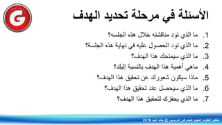 ‫الهدف‬ ‫تحديد‬ ‫مرحلة‬ ‫في‬ ‫األسئلة‬
.1‫الجلسه؟‬ ‫هذي‬ ‫خالل‬ ‫مناقشته‬ ‫تود‬ ‫الذي‬ ‫ما‬
.2‫الجلسة؟‬ ‫هذي‬ ‫نهاية‬ ‫في‬ ‫عليه‬ ‫الحصول‬ ‫تود‬ ‫الذي‬ ‫ما‬
.3‫الهدف؟‬ ‫هذا‬ ‫سيمنحك‬ ‫الذي‬ ‫ما‬
.4‫إليك؟‬ ‫بالنسبة‬ ‫الهدف‬ ‫هذا‬ ‫أهمية‬ ‫ماهي‬
.5‫الهدف؟‬ ‫هذا‬ ‫تحقيق‬ ‫عن‬ ‫شعورك‬ ‫سيكون‬ ‫ماذا‬
.6‫الهدف؟‬ ‫هذا‬ ‫تحقيق‬ ‫عند‬ ‫سيحصل‬ ‫الذي‬ ‫ما‬
.7‫الهدف؟‬ ‫هذا‬ ‫لتحقيق‬ ‫يحفزك‬ ‫الذي‬ ‫ما‬
‫التربويين‬ ‫للمشرفين‬ ‫المهني‬ ‫التطوير‬ ‫ملتقى‬@‫العيد‬ ‫خالد‬2016
 