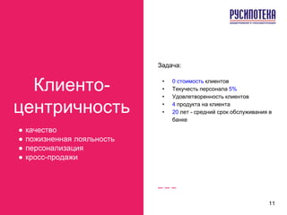 Клиенто-
центричность
● качество
● пожизненная лояльность
● персонализация
● кросс-продажи
Задача:
• 0 стоимость клиентов
• Текучесть персонала 5%
• Удовлетворенность клиентов
• 4 продукта на клиента
• 20 лет - средний срок обслуживания в
банке
11
 