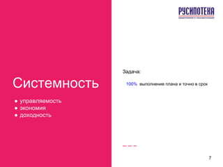 Системность
● управляемость
● экономия
● доходность
Задача:
100% выполнение плана и точно в срок
7
 