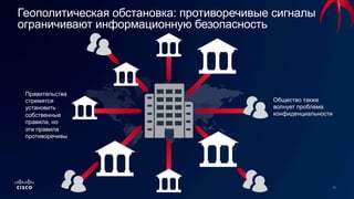 Геополитическая обстановка: противоречивые сигналы
ограничивают информационную безопасность
Правительства
стремятся
установить
собственные
правила, но
эти правила
противоречивы
Общество также
волнует проблема
конфиденциальности
 