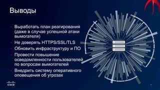 • Выработать план реагирования
(даже в случае успешной атаки
вымогателя)
• Не доверять HTTPS/SSL/TLS
• Обновить инфраструктуру и ПО
• Провести повышение
осведомленности пользователей
по вопросам вымогателей
• Внедрить систему оперативного
оповещения об угрозах
Выводы
 