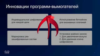 Индивидуальное шифрование
для каждой цели
Маркировка уже
зашифрованных систем
Использование биткойнов
для анонимных платежей
Установка крайних сроков:
1. Для увеличения выкупа
2. Для удаления ключа
шифрования
Инновации программ-вымогателей
 