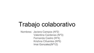 Trabajo colaborativo
Nombres: Javiera Campos (Nº2)
Valentina Cardenas (Nº3)
Fernanda Castro (Nº4)
Krishna Cifuentes (Nº6)
Imai Gonzalez(Nº12)
 