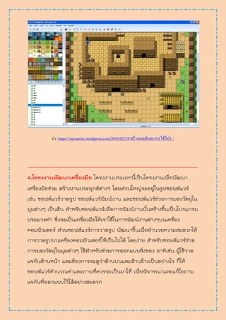 Cr. https://suyansite.wordpress.com/2016/02/25/สร้างเกมส์และการใช้โปร /
________________________________________________________
4.โครงงานพัฒนาเครื่องมือ โครงงานประเภทนี้เป็นโครงงานเพื่อพัฒนา
เครื่องมือช่วย สร้างงานประยุกต์ต่างๆ โดยส่วนใหญ่จะอยู่ในรูปซอฟต์แวร์
เช่น ซอฟต์แวร์วาดรูป ซอฟต์แวร์พิมพ์งาน และซอฟต์แวร์ช่วยการมองวัตถุใน
มุมต่างๆ เป็นต้น สาหรับซอฟต์แวร์เพื่อการพิมพ์งานนั้นสร้างขึ้นเป็นโปรแกรม
ประมวลคา ซึ่งจะเป็นเครื่องมือให้เราใช้ในการพิมพ์งานต่างๆบนเครื่อง
คอมพิวเตอร์ ส่วนซอฟต์แวร์การวาดรูป พัฒนาขึ้นเพื่ออานวยความสะดวกให้
การวาดรูปบนเครื่องคอมพิวเตอร์ให้เป็นไปได้ โดยง่าย สาหรับซอฟต์แวร์ช่วย
การมองวัตถุในมุมต่างๆ ใช้สาหรับช่วยการออกแบบสิ่งของ อาทิเช่น ผู้ใช้วาด
แจกันด้านหน้า และต้องการจะดูว่าด้านบนและด้านข้างเป็นอย่างไร ก็ให้
ซอฟต์แวร์คานวณค่าและภาพที่ควรจะเป็นมาให้ เพื่อพิจารณาและแก้ไขภาพ
แจกันที่ออกแบบไว้ได้อย่างสะดวก
 