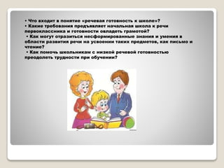 • Что входит в понятие «речевая готовность к школе»?
• Какие требования предъявляет начальная школа к речи
первоклассника и готовности овладеть грамотой?
• Как могут отразиться несформированные знания и умения в
области развития речи на усвоении таких предметов, как письмо и
чтение?
• Как помочь школьникам с низкой речевой готовностью
преодолеть трудности при обучении?
 