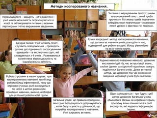 Методи кооперованого навчання.
Читання з маркуванням тексту: учням
запропонований текст, який треба
прочитати й у якому треба позначити
спеціальними позначками- символами
певні уривки з фактами чи подіями.
Ручки всередині: метод кооперованого навчання,
що допомагає навчити учнів розподіляти час,
відведений для роботи в групі, більш рівномірно
на всіх членів групи.
Ходимо навколо-говоримо навколо: дозволяє
висловити ідеї під час актуалізації знань,
своїми ідеями за короткий проміжок можуть
поділитися багато учнів. Дуже активний
метод, що дозволяє під час виконання
завдання мотивації учнів бути високою.
Один залишається – три йдуть: цей
метод дозволяє багатьом учням
обмінятися ідеями за короткий термін,
при чому вони опиняються в ролі
експертів, які надають інформацію
іншим.
Загальна угода: це правила поведінки ,
яких учні погоджуються дотримуватись
, коли беруть участь у діяльності, що
потребує кооперативного навчання.
Учні слухають активно.
Робота з ролями в малих групах: при
кооперативному навчанні такий вид
роботи більш ефективний, тому що
отримані учнями ролі виконуються
по черзі з метою розвинути
практичні навички, вміння,необхідні
для успішної роботи всієї групи.
Ажурна пилка: Учні читають текст,
слухають повідомлення , проводять
групове дослідження із застосуванням
«домашніх» та експертних груп, які
складаються з 4 учнів . Розвиваються
колективна відповідальність та
індивідуальна звітність.
Переміщайтеся – завмріть – об’єднайтеся :
учні мають можливість переміщуватися в
класі та обговорювати питання з новими
партнерами і чітко вираженим завданням.
 