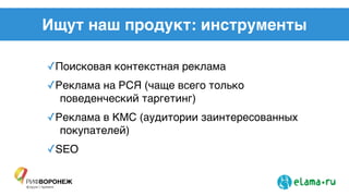 Ищут наш продукт: инструменты
✓Поисковая контекстная реклама!
✓Реклама на РСЯ (чаще всего только
поведенческий таргетинг) !
✓Реклама в КМС (аудитории заинтересованных
покупателей) !
✓SEO
 