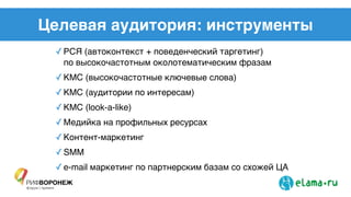 Целевая аудитория: инструменты
✓ РСЯ (автоконтекст + поведенческий таргетинг) !
по высокочастотным околотематическим фразам!
✓ КМС (высокочастотные ключевые слова)!
✓ КМС (аудитории по интересам)!
✓ КМС (look-a-like)!
✓ Медийка на профильных ресурсах!
✓ Контент-маркетинг!
✓ SMM !
✓ e-mail маркетинг по партнерским базам со схожей ЦА!
!
 