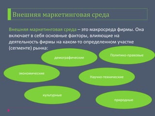 Внешняя маркетинговая среда
Внешняя маркетинговая среда – это макросреда фирмы. Она
включает в себя основные факторы, влияющие на
деятельность фирмы на каком-то определенном участке
(сегменте) рынка:
Политико-правовые
демографические
экономические
Научно-технические
природные
культурные
 