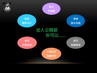 踏出
舒適圈
舉辦
聯合活動
相互
砥礪學習
大學四年
溫暖的家
做你
所想做的
發揮
團隊合作
加入公關部
你可以……
 