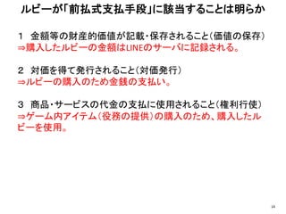 １ 金額等の財産的価値が記載・保存されること（価値の保存）
⇒購入したルビーの金額はLINEのサーバに記録される。
２ 対価を得て発行されること（対価発行）
⇒ルビーの購入のため金銭の支払い。
３ 商品・サービスの代金の支払に使用されること（権利行使）
⇒ゲーム内アイテム（役務の提供）の購入のため、購入したル
ビーを使用。
ルビーが「前払式支払手段」に該当することは明らか
14
 