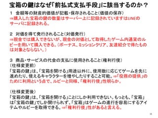 １ 金額等の財産的価値が記載・保存されること（価値の保存）
⇒購入した宝箱の鍵の数量はサーバー上に記録されていますはLINEの
サーバに記録される。
２ 対価を得て発行されること（対価発行）
⇒現金では購入できないが、現金の対価として取得したゲーム内通貨のル
ビーを用いて購入できる。（ボーナス、ミッションクリア、友達紹介で得たもの
は対象とならない。）
３ 商品・サービスの代金の支払に使用されること（権利行使）
（仕様変更前）
「宝箱の鍵」は、「宝箱を開ける」用途以外に、使用数に応じてゲームを先に
進めたり、使えるキャラクターを増やしたりすること可能。⇒「役務の提供」の
ために利用という点で、ルビーと同様、「権利行使」性明らか。
（仕様変更後）
「宝箱の鍵」は、「宝箱を開ける」ことにしか利用できない。もっとも、「宝箱」
は「宝箱の鍵」でしか開けられず、「宝箱」はゲームの進行を容易にするアイ
テムやルビーを取得できる。⇒「権利行使」性があると言える。
宝箱の鍵はなぜ「前払式支払手段」に該当するのか？
15
 