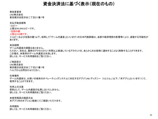 発効事業者
LINE株式会社
東京都渋谷区渋谷二丁目２１番１号
支払可能金額等
・ルビー
上限は99.999ルビーです。
・宝箱の鍵
上限は200個です。
＊ルビーおよび宝箱の鍵（以下、総称して「ゲーム内通貨」といいます）の日本円換算額は、為替や経済情勢の影響等により、変動する可能性が
あります。
有効期間
ゲーム内通貨の期限はありません。
たださい、当社は、最終のアクセスから１年間以上経過しているアカウントを、あらかじめお客様に通知することなく削除することができます。
この場合、未使用のゲーム内通貨は失効します。
詳しくは、サービス利用規約をご覧ください。
ご相談窓口
LINE株式会社
東京都渋谷区渋谷二丁目２１番１号
ヘルプからお問合わせください。
仕様場所
ゲーム内通貨は、お使いの端末のオペレーティングシステムに対応するアプリ「LINE:ディズニー ツムツム」（以下、「本アプリ」といいます）にて、
使用することができます。
利用上の注意
原則として、ゲーム内通貨の払戻しはいたしません。
詳しくは、サービス利用規約をご覧ください。
未使用残高の確認方法
本アプリ内のオプション画面にてご確認いただけます。
利用規約
詳しくは、サービス利用規約をご覧ください。
資金決済法に基づく表示（現在のもの）
16
 
