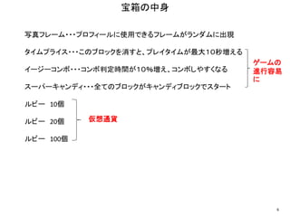 宝箱の中身
写真フレーム・・・プロフィールに使用できるフレームがランダムに出現
タイムプライス・・・このブロックを消すと、プレイタイムが最大１０秒増える
イージーコンボ・・・コンボ判定時間が１０％増え、コンボしやすくなる
スーパーキャンディ・・・全てのブロックがキャンディブロックでスタート
ルビー 10個
ルビー 20個
ルビー 100個
6
仮想通貨
ゲームの
進行容易
に
 