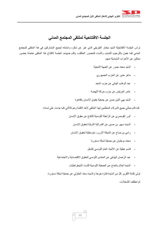 ‫التقرير‬‫النهائي‬‫ألشغال‬‫الملتقى‬‫األول‬‫للمجتمع‬‫المدني‬
10
‫المدني‬ ‫المجتمع‬ ‫لملتقى‬ ‫االفتتاحية‬ ‫الجلسة‬
‫للمجتمع‬ ‫الملتقى‬ ‫هذا‬ ‫في‬ ‫المشاركين‬ ‫لجميع‬ ‫وامتنانه‬ ‫شكره‬ ‫عن‬ ‫ّر‬‫ب‬‫ع‬ ‫الذي‬ ‫الطريفي‬ ‫مختار‬ ‫ّيد‬‫س‬‫ال‬ ‫ّة‬‫ي‬‫االفتتاح‬ ‫الجلسة‬ ‫ترأس‬
‫حض‬ ‫ة‬ّ‫خاص‬ ‫الملتقى‬ ‫هذا‬ ‫الفتتاح‬ ‫الجلسة‬ ‫ضيوف‬ ‫م‬ّ‫د‬‫وق‬ ،‫المكثف‬ ‫للحضور‬ ‫ساء‬ّ‫ن‬‫وال‬ ‫للشباب‬ ‫رحيب‬ّ‫ت‬‫بال‬ ّ‫خص‬ ‫كما‬ ‫المدني‬‫ور‬
‫منهم‬ ‫ّة‬‫ي‬‫ّياس‬‫س‬‫ال‬ ‫األحزاب‬ ‫عن‬ ‫ممثلين‬:
-‫ّة‬‫ي‬‫الشعب‬ ‫الجبهة‬ ‫عن‬ ‫جمور‬ ‫د‬ّ‫م‬‫مح‬ ‫ّيد‬‫س‬‫ال‬
-‫الجمهوري‬ ‫الحزب‬ ‫عن‬ ‫حنين‬ ‫ماهر‬
-‫المجد‬ ‫حزب‬ ‫عن‬ ‫الهاني‬ ‫الوهاب‬ ‫عبد‬
-‫هضة‬ّ‫ن‬‫ال‬ ‫حركة‬ ‫حزب‬ ‫عن‬ ‫ّض‬‫ي‬‫العر‬ ‫عامر‬
-‫بالقاهرة‬ ‫اإلنسان‬ ‫حقوق‬ ‫ّة‬‫ي‬‫جمع‬ ‫عن‬ ‫حسن‬ ‫ين‬ّ‫د‬‫ال‬ ‫بهي‬ ‫ّيد‬‫س‬‫ال‬
ّ‫المنظ‬ ‫الشركاء‬ ‫جميع‬ ‫ممثلي‬ ‫م‬ّ‫د‬‫ق‬ ‫كما‬‫لسانه‬ ‫على‬ ‫جاءت‬ ‫كما‬ ‫كاآلتي‬ ‫وهم‬ ‫الكلمة‬ ‫ألخذ‬ ‫الملتقى‬ ‫لهذا‬ ‫مين‬:
-‫اإلنسان‬ ‫حقوق‬ ‫عن‬ ‫فاع‬ّ‫د‬‫لل‬ ‫ّة‬‫ي‬‫ونس‬ّ‫ت‬‫ال‬ ‫ابطة‬ّ‫الر‬ ‫عن‬ ‫القوصري‬ ‫أنور‬
-‫اإلنسان‬ ‫لحقوق‬ ‫ّة‬‫ي‬‫ول‬ّ‫د‬‫ال‬ ‫ّة‬‫ي‬‫الفدرال‬ ‫عن‬ ‫حسين‬ ‫بن‬ ‫سهير‬ ‫ّيدة‬‫س‬‫ال‬
-‫األورو‬ ‫الشبكة‬ ‫عن‬ ‫صاح‬ ‫بن‬ ‫رامي‬-‫اإلنسان‬ ‫لحقوق‬ ‫ّة‬‫ي‬‫ّط‬‫س‬‫متو‬
-ّ‫ي‬‫جمع‬ ‫عن‬ ‫بوجلبان‬ ‫د‬ّ‫م‬‫مح‬‫دستورنا‬ ‫شبكة‬ ‫ة‬
-‫للشغل‬ ‫ونسي‬ّ‫ت‬‫ال‬ ‫العام‬ ‫حاد‬ّ‫ت‬‫اال‬ ‫عن‬ ‫ّة‬‫ي‬‫عط‬ ‫قاسم‬
-‫ّة‬‫ي‬‫واالجتماع‬ ‫ّة‬‫ي‬‫االقتصاد‬ ‫للحقوق‬ ‫ونسي‬ّ‫ت‬‫ال‬ ‫المنتدى‬ ‫عن‬ ‫الهذيلي‬ ‫حمان‬ّ‫الر‬ ‫عبد‬
-‫ّات‬‫ي‬‫يمقراط‬ّ‫د‬‫ال‬ ‫ساء‬ّ‫ن‬‫لل‬ ‫ّة‬‫ي‬‫ونس‬ّ‫ت‬‫ال‬ ‫ّة‬‫ي‬‫الجمع‬ ‫عن‬ ‫بالحاج‬ ‫أحالم‬ ‫ّيدة‬‫س‬‫ال‬.
‫ّيدة‬‫س‬‫وال‬ ‫خوجة‬ ‫فائزة‬ ‫ّيدة‬‫س‬‫ال‬ ‫من‬ ّ‫ل‬‫ك‬ ‫قرير‬ّ‫ت‬‫ال‬ ‫كتابة‬ ‫تولى‬‫دستورنا‬ ‫شبكة‬ ‫ّة‬‫ي‬‫جمع‬ ‫عن‬ ‫الخلولي‬ ‫سعاد‬.
،‫دخالت‬ّ‫ت‬‫ال‬ ‫انطلقت‬ ‫ثم‬
 