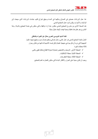 ‫التقرير‬‫النهائي‬‫ألشغال‬‫الملتقى‬‫األول‬‫للمجتمع‬‫المدني‬
17
‫المساء‬ ‫في‬ ‫ومثلهما‬ ‫الصباح‬ ‫في‬ ‫حصتين‬ ‫الورشات‬ ‫عمل‬ ‫غدا‬.‫إلى‬ ‫سيبعث‬ ‫الذي‬ ‫الورشات‬ ‫جلسات‬ ‫كتيب‬ ‫إخراج‬ ‫وسيقع‬
‫وي‬ ‫واألحزاب‬ ‫الواليات‬‫المدني‬ ‫المجتمع‬ ‫عمل‬ ‫ثمرة‬ ‫كون‬.
‫والدولة‬ ‫المجتمع‬ ‫خدمة‬ ‫في‬ ‫ستكون‬ ‫والتي‬ ‫توافقية‬ ‫أراء‬ ‫عدة‬ ‫ستكون‬ ‫المدني‬ ‫المجتمع‬ ‫مشروع‬ ‫من‬ ‫األولى‬ ‫النسخة‬ ‫هذه‬.‫وهذا‬
‫بديلة‬ ‫حلول‬ ‫إليجاد‬ ‫تهدف‬ ‫وجدية‬ ‫فعلية‬ ‫مقترحات‬ ‫هو‬ ‫المشروع‬.
‫العمري‬ ‫العروسي‬ ‫يد‬ّ‫س‬‫ال‬ ‫كلمة‬‫بالملتقى‬ ‫الخبراء‬ ‫عن‬ ‫ممثل‬
‫باتجاه‬ ‫العمل‬‫علميا‬ ‫منهجا‬ ‫ينتهج‬ ‫دؤوب‬ ‫بنضال‬ ‫يستقيم‬ ‫نضالي‬ ‫وعمل‬ ‫علمي‬ ‫عمل‬ ‫هو‬ ‫المدني‬ ‫المجتمع‬.
‫وحوار‬ ‫نقاش‬ ‫من‬ ‫فيها‬ ‫لما‬ ‫أكاديمية‬ ‫ليست‬ ‫ولكن‬ ‫علمية‬ ‫منهجية‬ ‫هي‬ ‫نكرسها‬ ‫أن‬ ‫نريد‬ ‫التي‬ ‫المنهجية‬.
‫كبيرة‬ ‫محطات‬ ‫ثالثة‬
‫األولى‬ ‫المحطة‬:‫وكمي‬ ‫كيفي‬ ‫بشكل‬ ‫القطاع‬ ‫معرفة‬ ‫لمحاولة‬ ‫والتشخيص‬ ‫الوصف‬.
‫المحطة‬‫الثانية‬:‫اإلشكاليات‬ ‫محطة‬.
‫الثالثة‬ ‫المحطة‬:‫المقترحات‬ ‫محطة‬.
‫للمجتمع‬ ‫نقدم‬ ‫ما‬ ‫أفضل‬ ‫ستكون‬ ‫التي‬ ‫البناءة‬ ‫واألفكار‬ ‫الحوار‬ ‫على‬ ‫مبنية‬ ‫تكون‬ ‫أن‬ ‫ويجب‬
 