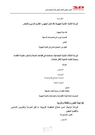 ‫التقرير‬‫النهائي‬‫ألشغال‬‫الملتقى‬‫األول‬‫للمجتمع‬‫المدني‬
3
‫االقتراحات‬
‫ر‬ّ‫ض‬‫ح‬ّ‫ت‬‫وال‬ ‫رابي‬ّ‫ت‬‫ال‬ ‫قسيم‬ّ‫ت‬‫ال‬ ،‫الجهوي‬ ‫العزل‬ ّ‫ك‬‫ف‬ ،‫ة‬ّ‫ي‬‫الجهو‬ ‫نمية‬ّ‫ت‬‫ال‬ ‫ألثانية‬ ‫الورشة‬.
‫الجهات‬ ‫عزلة‬ ّ‫ك‬‫ف‬
‫تقسيم‬‫جهة‬ ّ‫ل‬‫ك‬ ‫ات‬ّ‫ي‬‫خصوص‬ ‫يراعي‬ ‫ترابي‬
‫ّعمير‬‫ت‬‫ال‬
‫ة‬ّ‫ي‬‫الجهو‬ ‫ّنمية‬‫ت‬‫ال‬ ‫في‬ ‫المدني‬ ‫المجتمع‬ ‫دور‬ ‫تفعيل‬
‫الثالثة‬ ‫الورشة‬:‫اإلقصاء‬ ‫مقاومة‬ ،‫كن‬ّ‫س‬‫وال‬ ‫ة‬ّ‫الصح‬ ‫قطاعات‬ ‫في‬ ‫إصالحات‬ ،‫ة‬ّ‫ي‬‫االجتماع‬ ‫التنمية‬
‫هشاشة‬ ‫األكثر‬ ‫الشعبية‬ ‫الفئات‬ ‫وحماية‬.
‫ـحة‬ّ‫ص‬‫ال‬
‫التشخيص‬
‫التوصيات‬
‫الصح‬ ‫قطاع‬ ‫في‬ ‫عامة‬ ‫توصيات‬‫ة‬
‫العاجلة‬ ‫المهمات‬
‫ـكن‬ّ‫س‬‫ال‬
‫الضعيفة‬ ‫الفئات‬ ‫حماية‬ ‫و‬ ‫اإلقصاء‬ ‫مكافحة‬
‫العامة‬ ‫التوصيات‬‫ة‬ّ‫ي‬‫الجهو‬ ‫ّنمية‬‫ت‬‫وال‬ ‫ة‬ّ‫ي‬‫واالجتماع‬ ‫ة‬ّ‫ي‬‫اإلقتصاد‬ ‫للجنة‬
-II‫ربية‬ّ‫ت‬‫وال‬ ‫والثقافة‬ ‫الفنون‬ ‫لجنة‬
‫ابعة‬ّ‫ر‬‫ال‬ ‫الورشة‬:‫األساسي‬ ‫دريس‬ّ‫ت‬‫وال‬ ‫المدرسة‬ ‫قبل‬ ‫ما‬ ،‫ة‬ّ‫ي‬‫ربو‬ّ‫ت‬‫ال‬ ‫المنظومة‬ ‫إصالح‬ ‫أسس‬
‫كو‬ّ‫ت‬‫وال‬‫المهني‬ ‫ين‬.
‫ال‬‫ت‬‫للورشة‬ ‫العام‬ ‫قرير‬
‫شخيص‬ّ‫ت‬‫ال‬
 