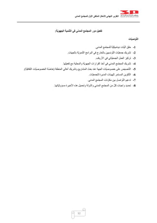 ‫التقرير‬‫النهائي‬‫ألشغال‬‫الملتقى‬‫األول‬‫للمجتمع‬‫المدني‬
32
‫ت‬‫ة‬ّ‫ي‬‫الجهو‬ ‫ّنمية‬‫ت‬‫ال‬ ‫في‬ ‫المدني‬ ‫المجتمع‬ ‫دور‬ ‫فعيل‬:
‫ات‬ّ‫ي‬‫ّوص‬‫ت‬‫ال‬
1-‫المدني‬ ‫للمجتمع‬ ‫ّة‬‫ي‬‫ديناميك‬ ‫ّات‬‫ي‬‫آل‬ ‫خلق‬.
2-‫بالجهات‬ ‫ّة‬‫ي‬‫نمو‬ّ‫ت‬‫ال‬ ‫البرامج‬ ‫في‬ ‫بالخارج‬ ‫ونسيين‬ّ‫ت‬‫ال‬ ‫ّات‬‫ي‬‫جمع‬ ‫تشريك‬.
3-‫األرياف‬ ‫في‬ ‫ّاتي‬‫ي‬‫الجمع‬ ‫العمل‬ ‫تركيز‬.
4-‫تفعي‬ ‫مع‬ ‫والمحلية‬ ‫ّة‬‫ي‬‫الجهو‬ ‫القرارات‬ ‫أخذ‬ ‫في‬ ‫المدني‬ ‫المجتمع‬ ‫تشريك‬‫لها‬.
5-‫المنطقة‬ ‫أهالي‬ ‫وتشريك‬ ‫المشاريع‬ ‫بعث‬ ‫عند‬ ‫الجهة‬ ‫ّات‬‫ي‬‫خصوص‬ ‫على‬ ‫نصيص‬ّ‫ت‬‫ال‬(‫ّة‬‫ي‬‫الثقاف‬ ‫ّات‬‫ي‬‫الخصوص‬ ‫ة‬ّ‫خاص‬.)
6-‫ّات‬‫ي‬‫للجمع‬ ‫المديرة‬ ‫للهيئات‬ ‫المستمر‬ ‫كوين‬ّ‫ت‬‫ال‬.
7-‫المدني‬ ‫المجتمع‬ ‫ّنات‬‫و‬‫مك‬ ‫بين‬ ‫واصل‬ّ‫ت‬‫ال‬ ‫تدعيم‬.
8-‫مسؤول‬ ‫األخيرة‬ ‫هذه‬ ‫وتحميل‬ ‫ولة‬ّ‫د‬‫وال‬ ‫المدني‬ ‫المجتمع‬ ‫من‬ ّ‫ل‬‫ك‬ ‫واجبات‬ ‫تحديد‬‫ّاتها‬‫ي‬.
 