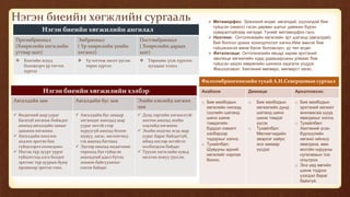 Нэгэн биеийн хөгжлийн сургааль
Нэгэн биеийн хөгжилийн ангилал
Проэмбрионал
(Хөврөлийн хөгжлийн
угтвар шат)
Эмбрионал
( Үр хөврөлийн үеийн
хөгжил)
Постэмбрионал
( Хөврөлийн дараах
шат)
 Бэлгийн эсүүд
боловсорч үр тогтох
хүртэл
 Үр тогтож зигот үүсэж
төрөх хүртэл
 Төрөхөөс үхэх хүртэлх
хугацааг хэлнэ.
Нэгэн биеийн хөгжилийн хэлбэр
Авгалдайн зам Авгалдайн бус зам Эхийн хэвлийд хөгжих
зам
 Өндөгний шар уураг
багатай хөгжиж бойждог
амьтад авгалдайн замыг
дамжин хөгжинө.
 Авгалдайн хооллох
хөдлөх эрхтэн бие
гүйцхээрээ солигдоно.
 Ингэж түр зуурт үүрэг
гүйцэтгээд алга болдог
эрхтэнг түр зуурын буюу
провизор эрхтэн гэнэ.
 Авгалдайн бус замаар
хөгжидөг амьтдад шар
уураг ихтэй сээр
нуруугүй амьтад болон
шувуу, загас, мөлхөгчид
гэх амьтад багтана.
 Эдгээр амьтад өндөгнөөс
төрөхөд бүе гүйцсэн
амьтадтай адил бүтэц
зохион байгуулатыг
олсон байдаг.
 Дээд зэргийн хөгжилтэй
хөхтөн амьтад эхийн
хэдлийд хөгжинө.
 Эхийн өндгөн эсэд шар
уураг бараг байдаггүй,
иймд ихсээр эхтэйгээ
холбогдсон байдаг.
 Түүхэн хөгжлийн хувьд
нилээн хожуу үүссэн.
 Метаморфоз: Эрвээхий өндөг, авгалдай, хүүхэлдэй бие
гүйцсэн (имаго) гэсэн дөрвөн шатыг дамжин бүрэн
хувиралтайгаар хөгждөг. Үүнийг метаморфоз гэнэ.
 Неотени: Онтогенезийн хөгжлийн эрт шатанд (авгалдай)
бий болсон үржих зохилдлогоог хэлнэ.Ийм амьтаг бие
гүйцэхээсээ өмнө бэлэг боловсорч, үр төл өгдөг.
 Фетализаци: Онтогенезийн явцад зарим эрхтэний
эволюци хөгжилийн хурд удааширсаны улмаас бие
гүйцсэн үедээ хөврөлийн шинжээ хадгалж үлддэг.
Жишээлэвэл: Хөхтөний мөгөөрс, мөгөөрст загас.
Филоэмбриогенезийн тухай А.Н.Северцовын сургаал
Анаболи Девиаци Архаллаксис
o Бие махбодын
хөгжлийн нилээд
сүүлийн шатанд
шинэ шинж
тэмдэгийн
бүрдэл нэмэлт
хэлбэрээр
тодорхыг хэлнэ.
o Тухайлбал:
Шувууны өдний
хөгжлийг нэрлэж
болно.
o Бие махбодын
хөгжилийн дунд
шатанд шинэ
шинж тэмдэг
үүсэх
o Тухайлбал:
Мөлхөгчидийн
эвэрлэг хайрс
энэ замаар
үүсдэг.
o Бие махбодын
эрхтэний хөгжил
анхнаасаа шууд
явагдахыг хэлнэ.
o Тухайлбал:
Хөхтөний үсэн
бүрхүүлийн
хөгжил ийнхүү
явагдана, мөн
могойн нурууны
нугаламын тоо
олштрох.
o Энэ үед өвгийн
шинж тодрох
үзэгдэл бараг
байхгүй.
 